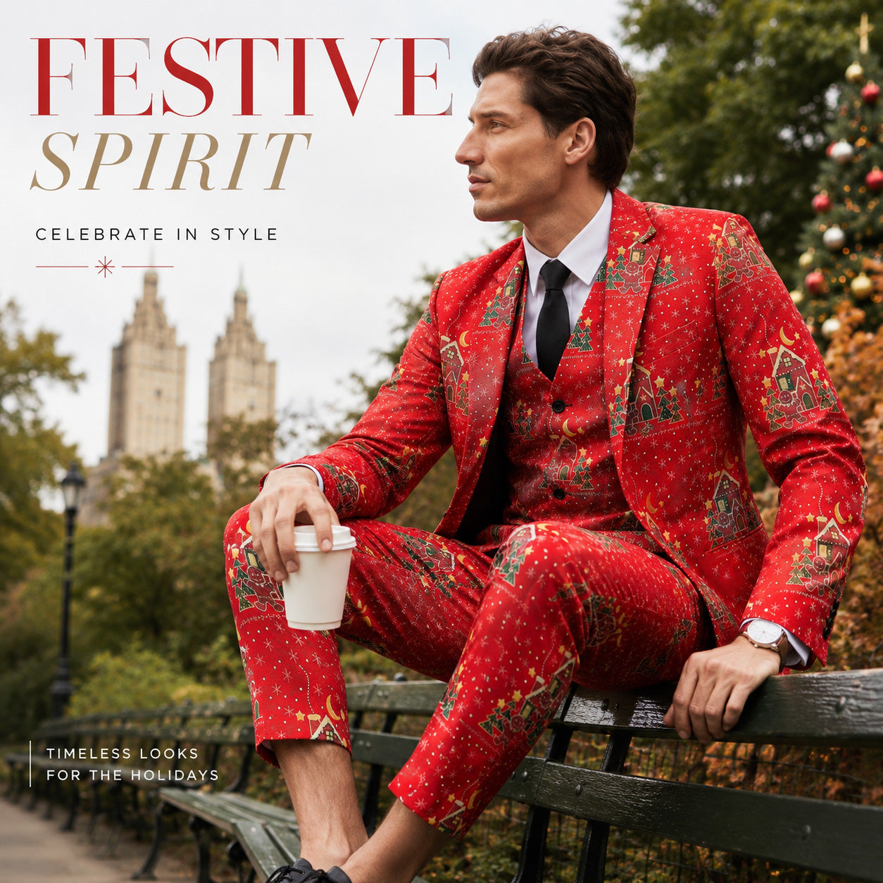 Festive spirit poster featuring a man in a red Christmas suit holding coffee on a park bench