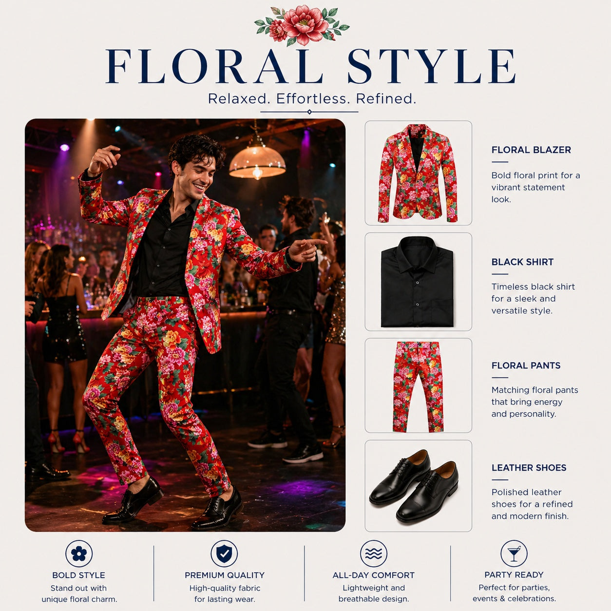 Complete outfit guide for clubbing: red floral blazer, matching pants, and black leather shoes for a party-ready look.