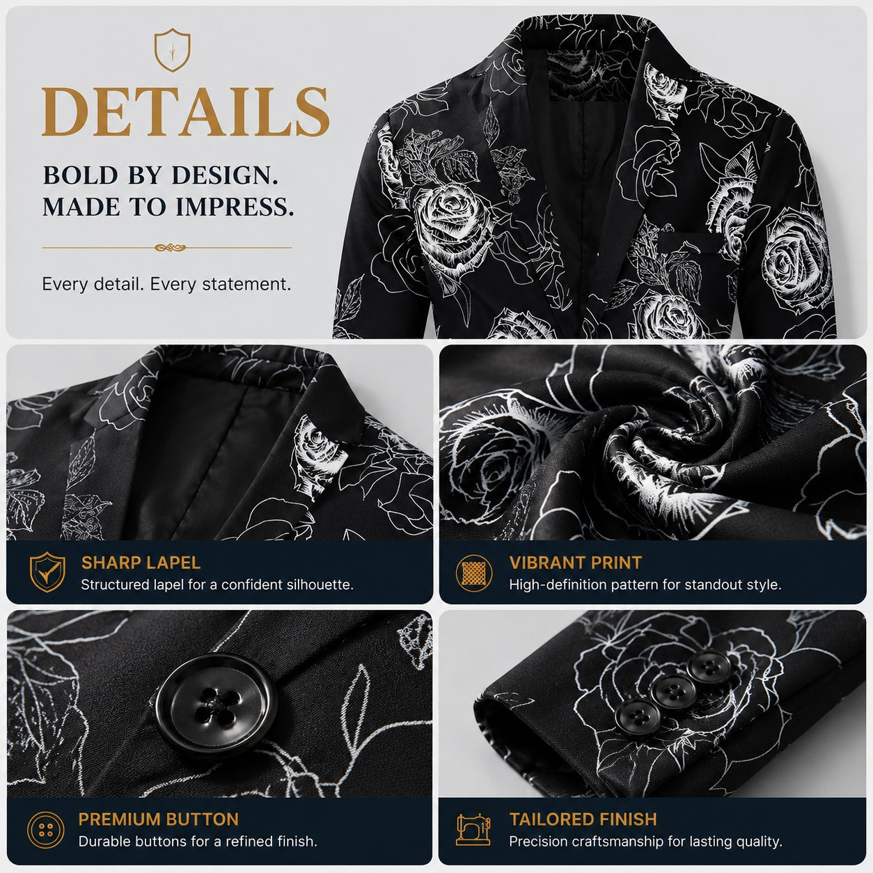 Close-up details of a premium floral suit showing the sharp lapel, vibrant rose print, and tailored finish.