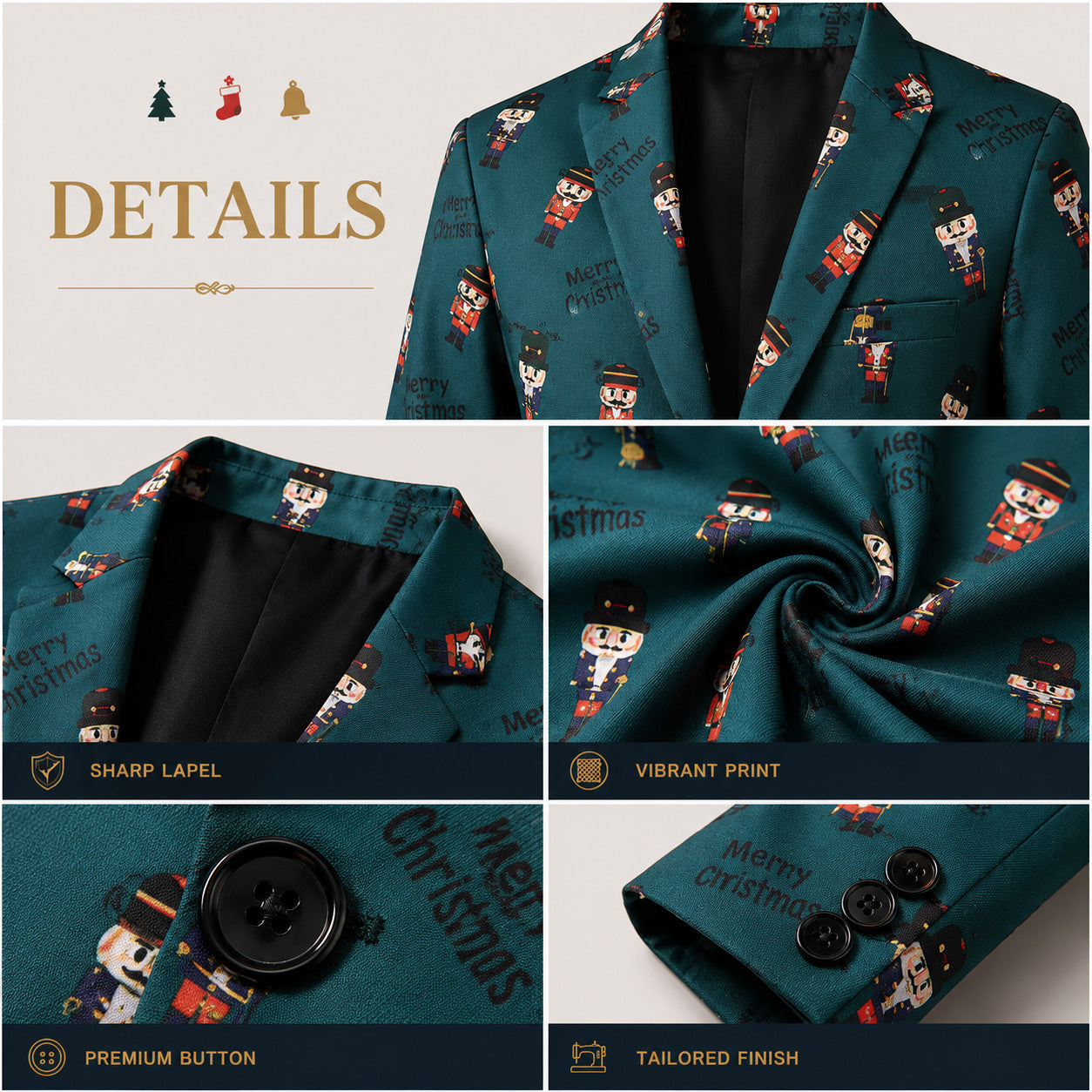 Close-up detail collage showing lapel, buttons, and fabric print of green nutcracker suit by WISHOLIC