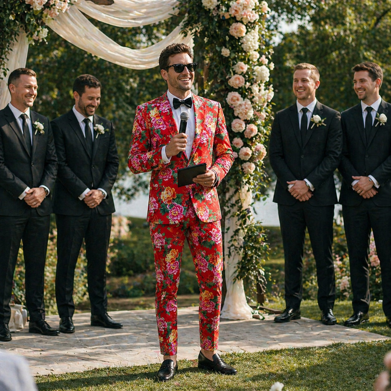 A confident groom giving a speech in a Wisholic red floral suit standing before groomsmen at an outdoor garden wedding.