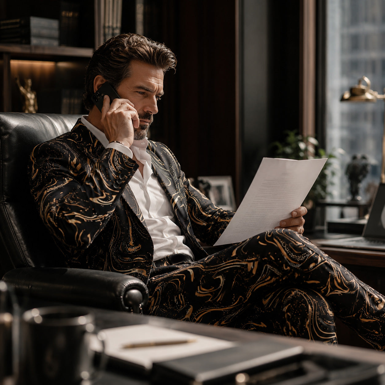 Mature businessman in a luxury black and gold swirl print suit talking on the phone in an executive office
