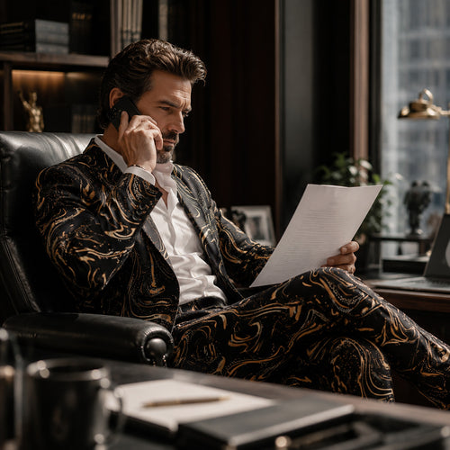 Mature businessman in a luxury black and gold swirl print suit talking on the phone in an executive office