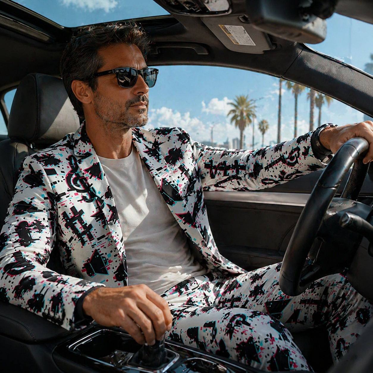 Entrepreneur lifestyle shot of a man driving a car while wearing a custom musical print suit.
