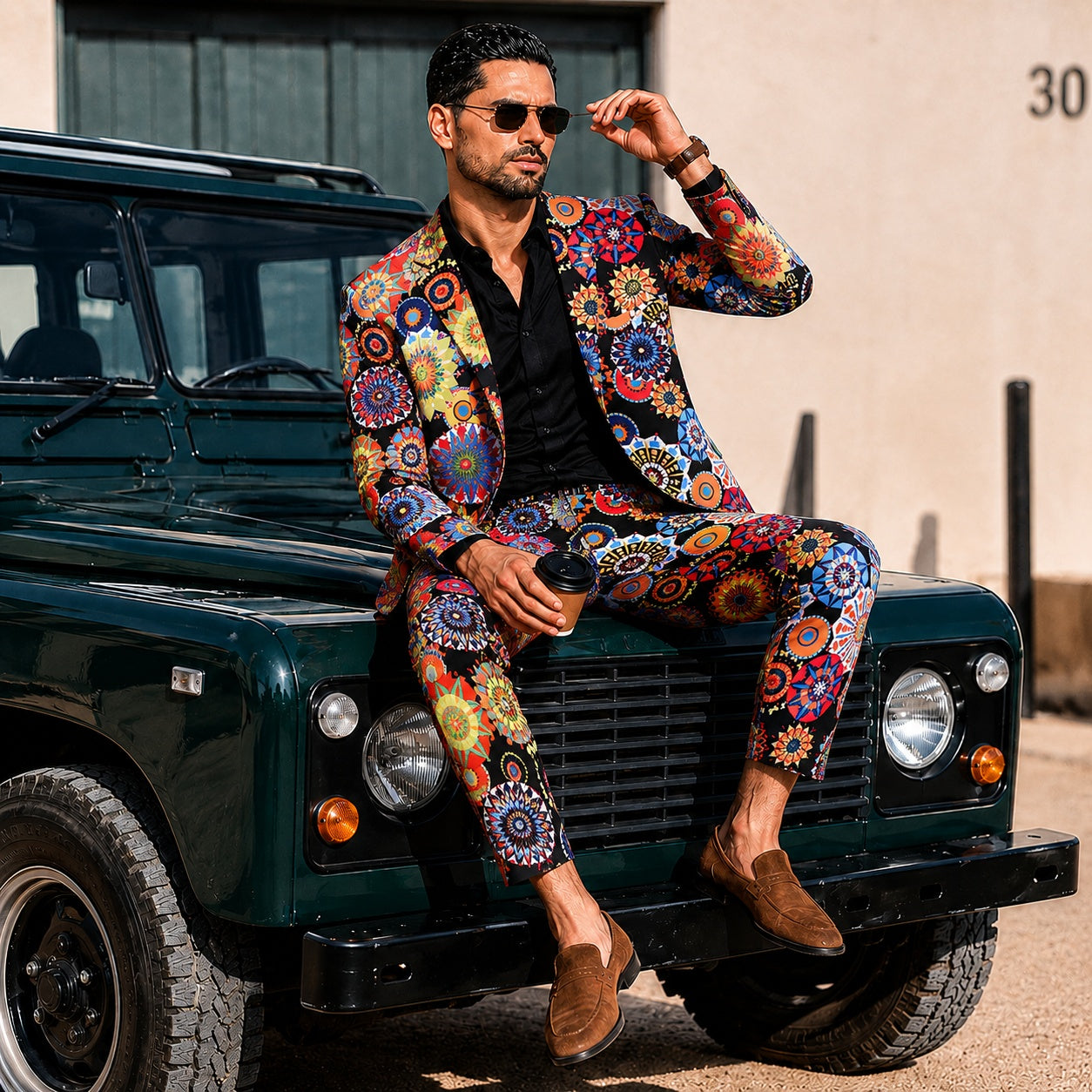 An editorial shot of a man in a vibrant artistic printed two-piece suit sitting on the hood of a vintage dark green off-road vehicle.