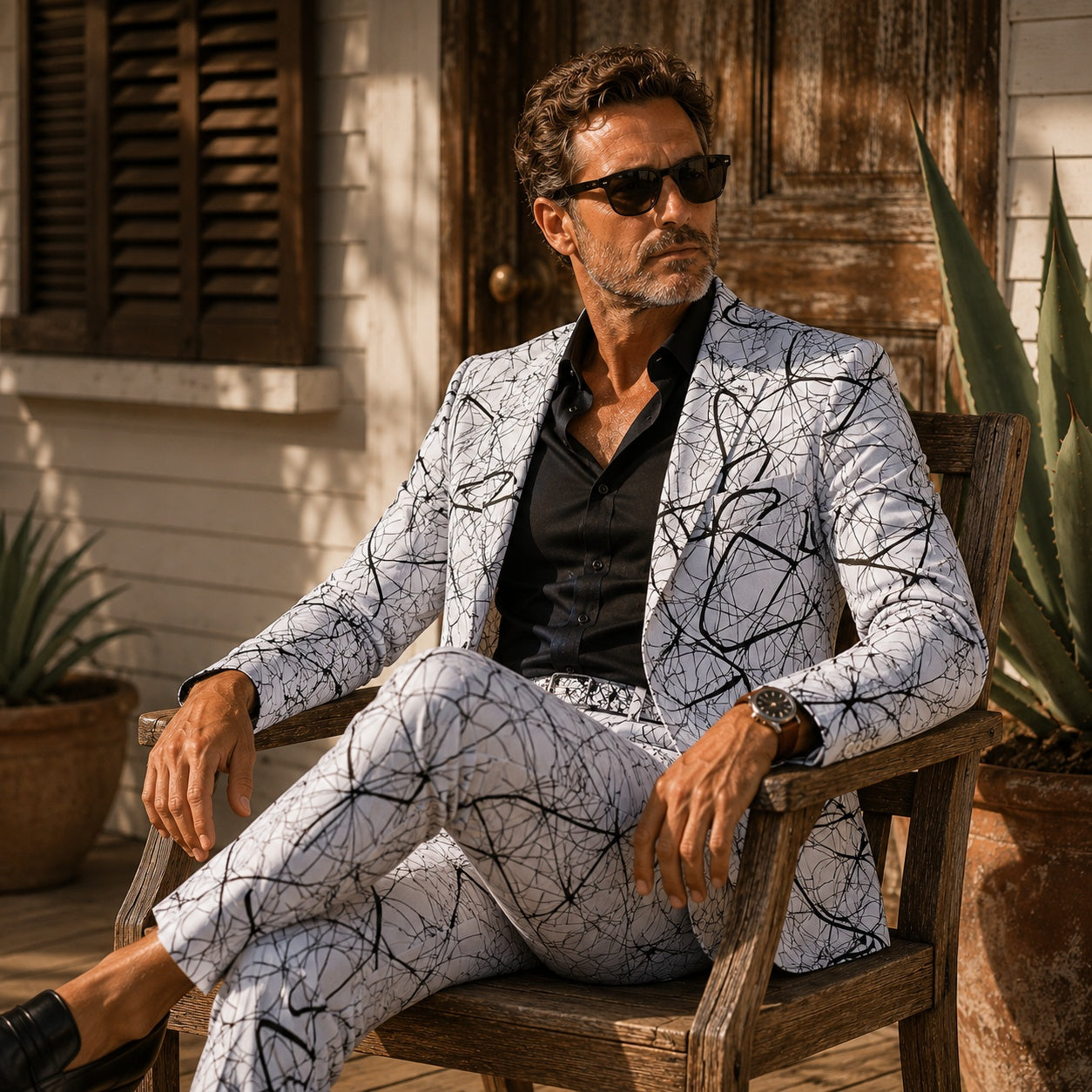 Fashionable man in a graphic print suit and black dress shirt sitting on a wooden chair outdoors.