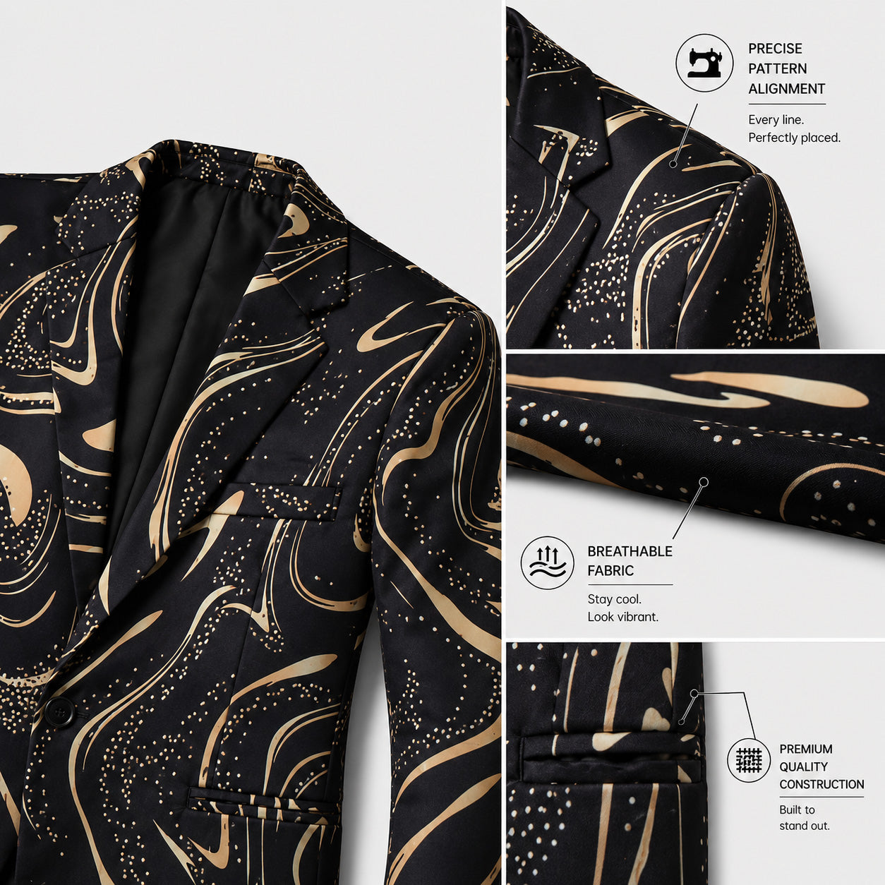 Close-up of combed pure cotton fabric with black and gold swirl marble pattern showcasing softness and breathability