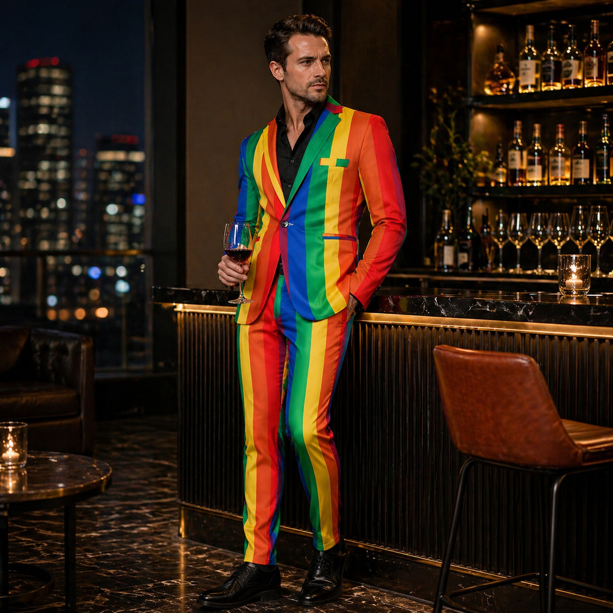 Elegant gentleman in a Wisholic rainbow print suit enjoying a glass of wine at a high-end rooftop bar.