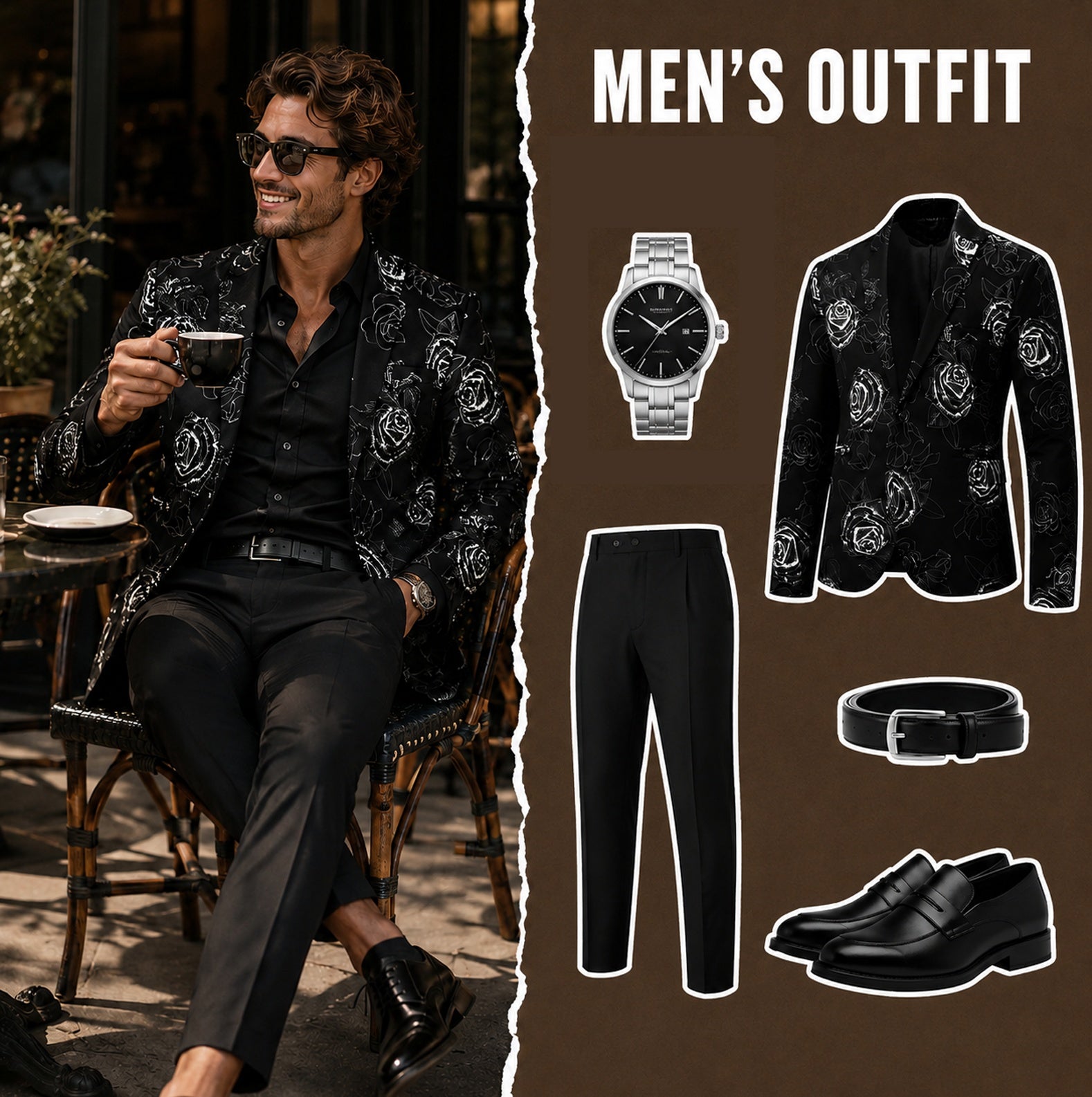 Styling guide for men's floral blazer paired with solid black trousers, leather belt, and silver watch.