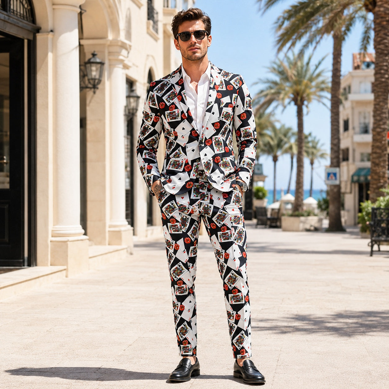 Full body shot of a male model in a Wisholic playing card patterned suit and loafers on a sunny Mediterranean street.