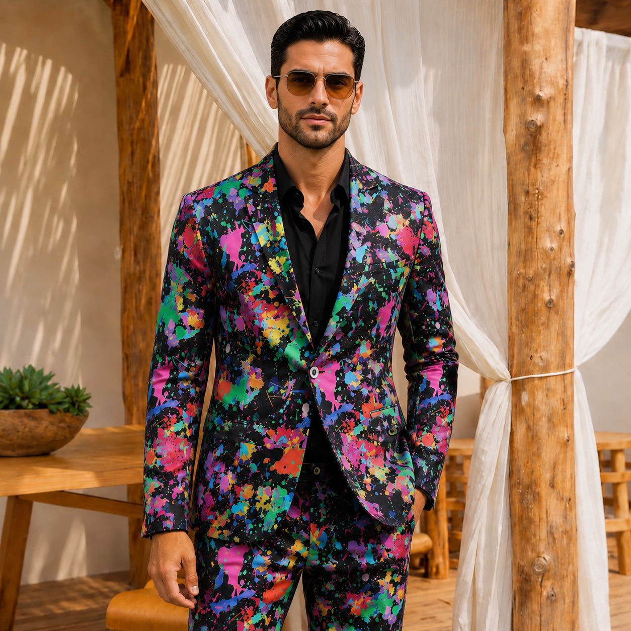 Model wearing a luxury WISHOLIC men's rainbow splatter print suit in a sunlit resort setting with a neutral textured background.