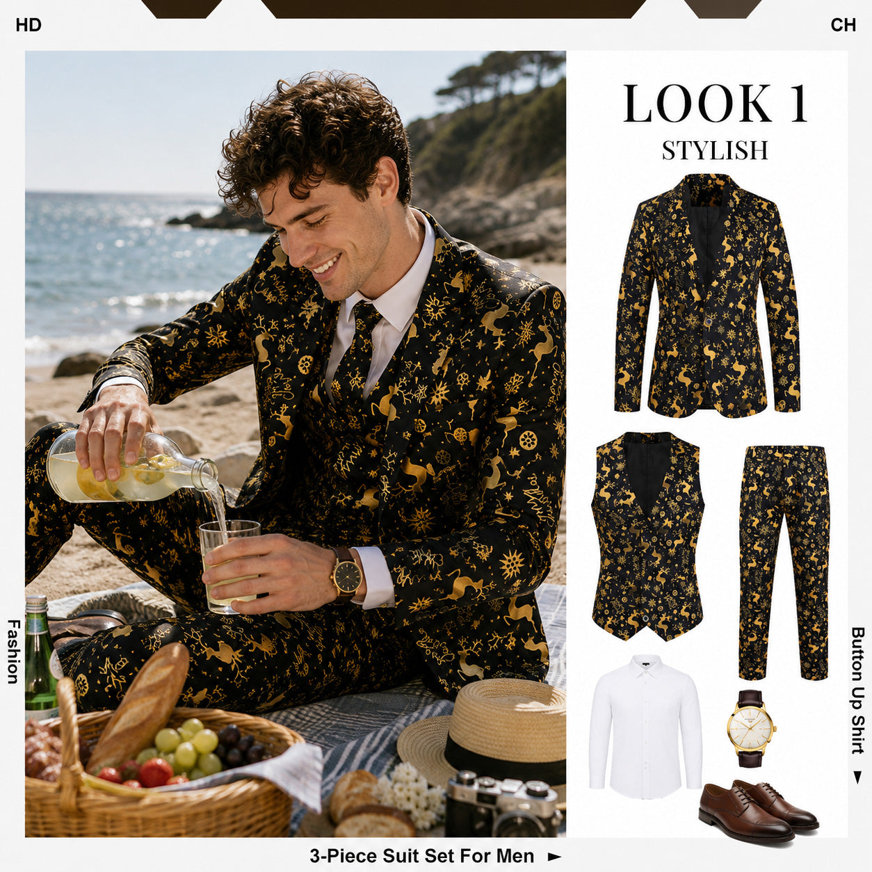 Men's 3-piece black and gold holiday suit set outfit breakdown with blazer, vest, and pants, by WISHOLIC.