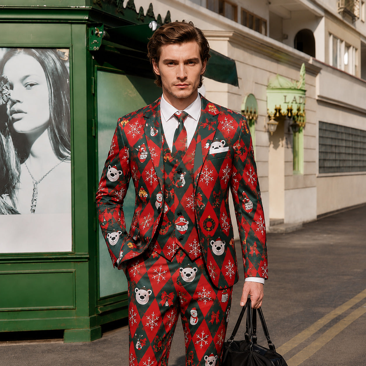 Man wearing a red and green Christmas printed suit jacket and pants near a festive tree - WISHOLIC