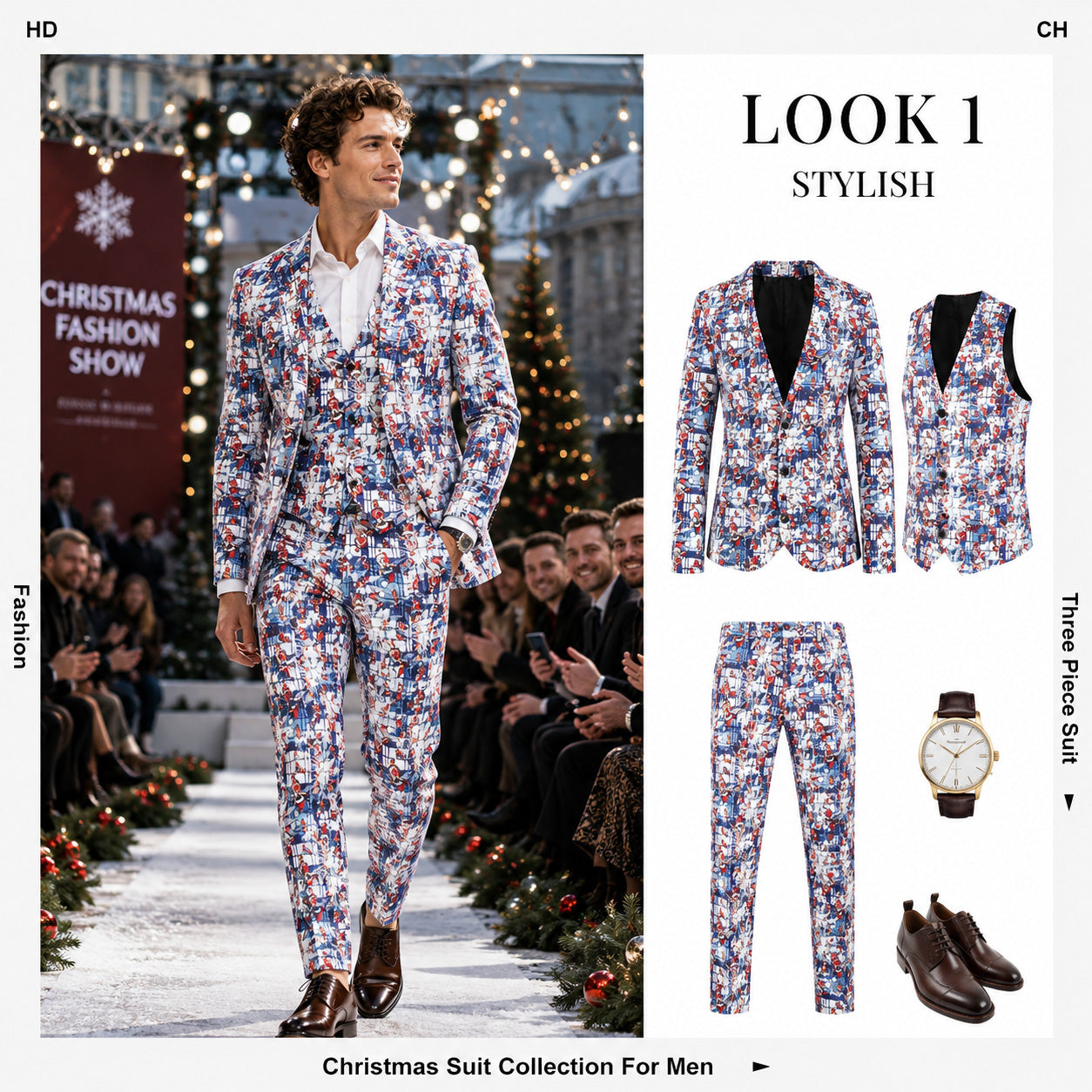Men's 3-piece Christmas suit set lookbook featuring printed jacket, vest, pants, and matching accessories | WISHOLIC