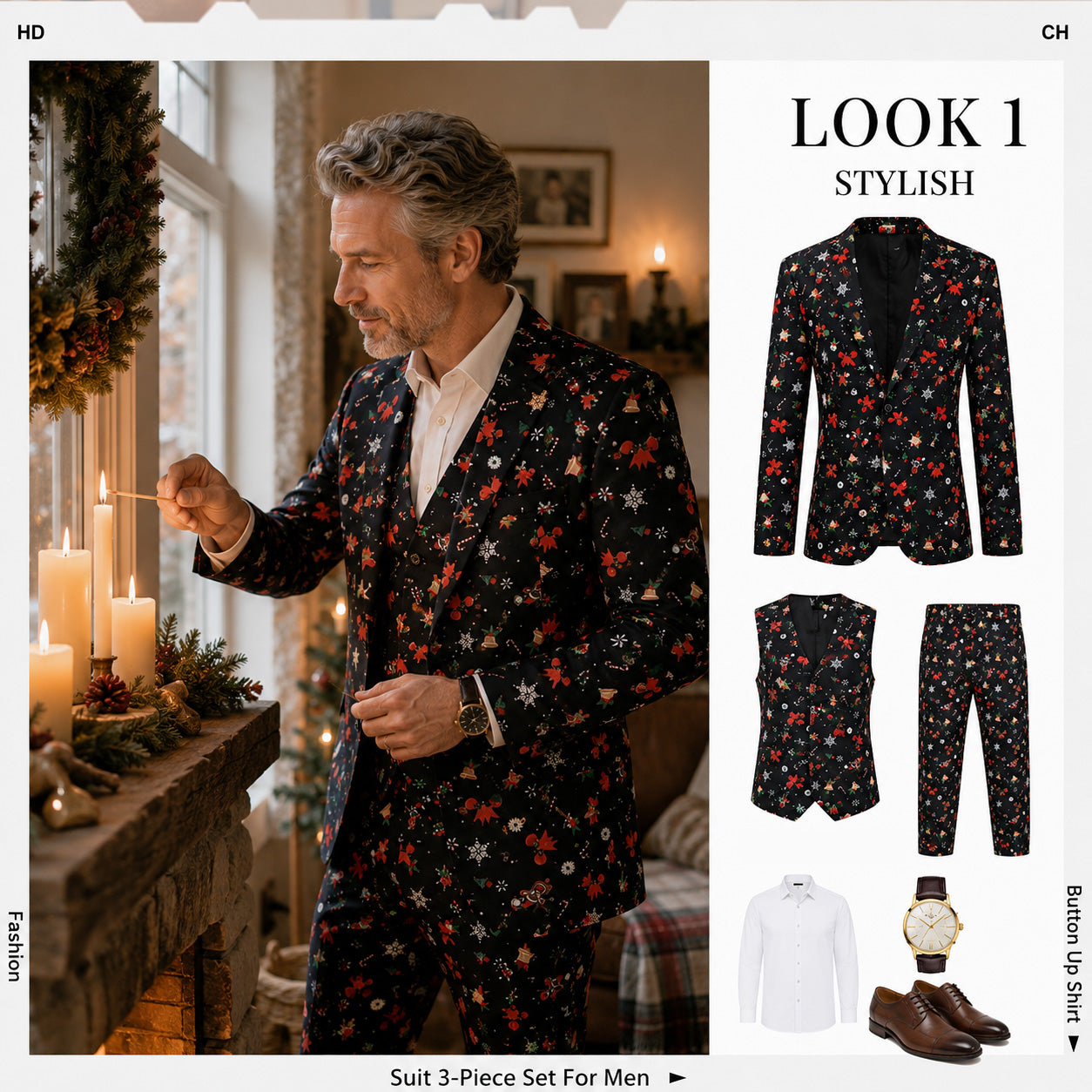 Look 1 outfit guide showing a man lighting candles in a Christmas suit next to a flatlay of a blazer, vest, and trousers set.
