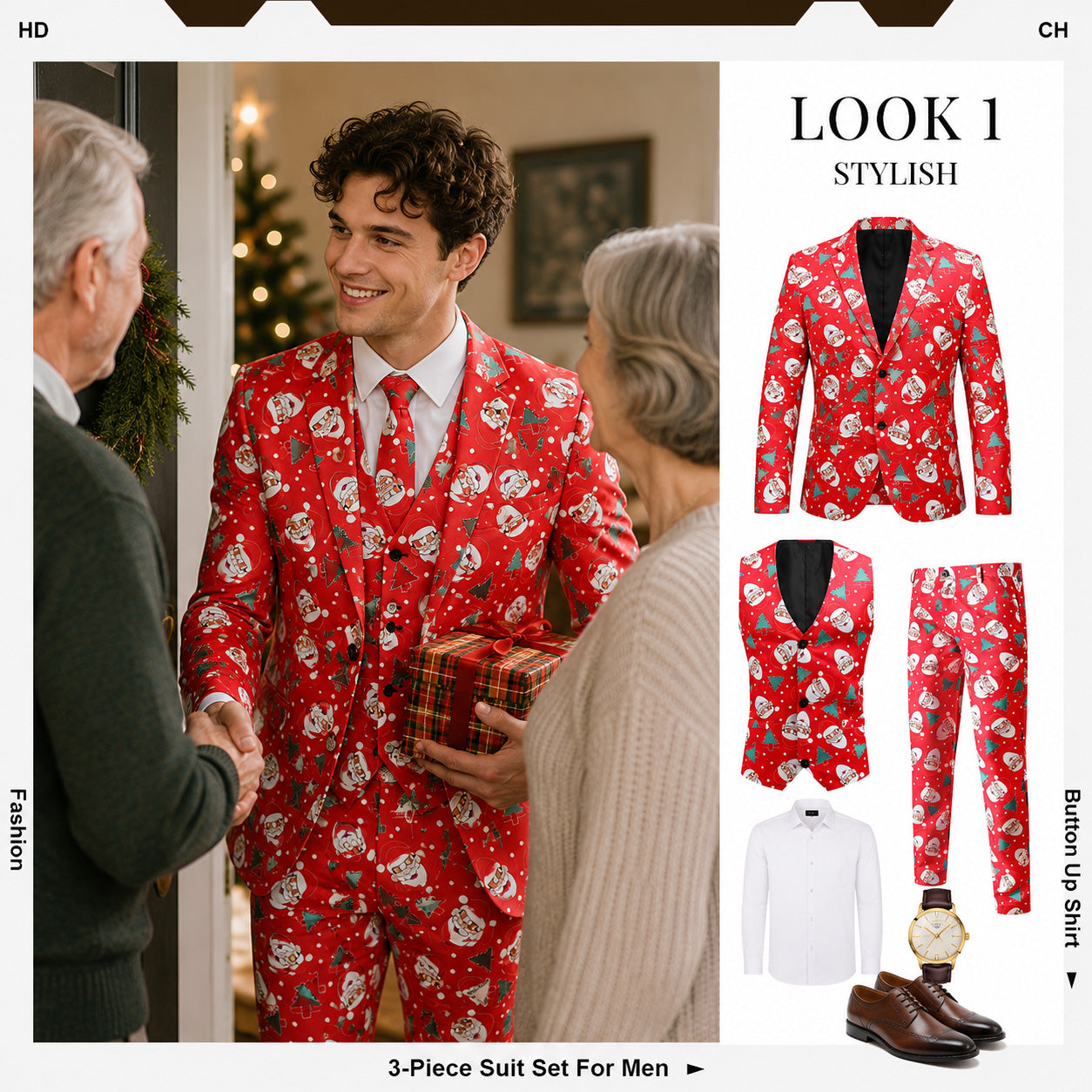 Men's 3-piece red Santa Claus suit set with blazer vest pants layout guide by WISHOLIC