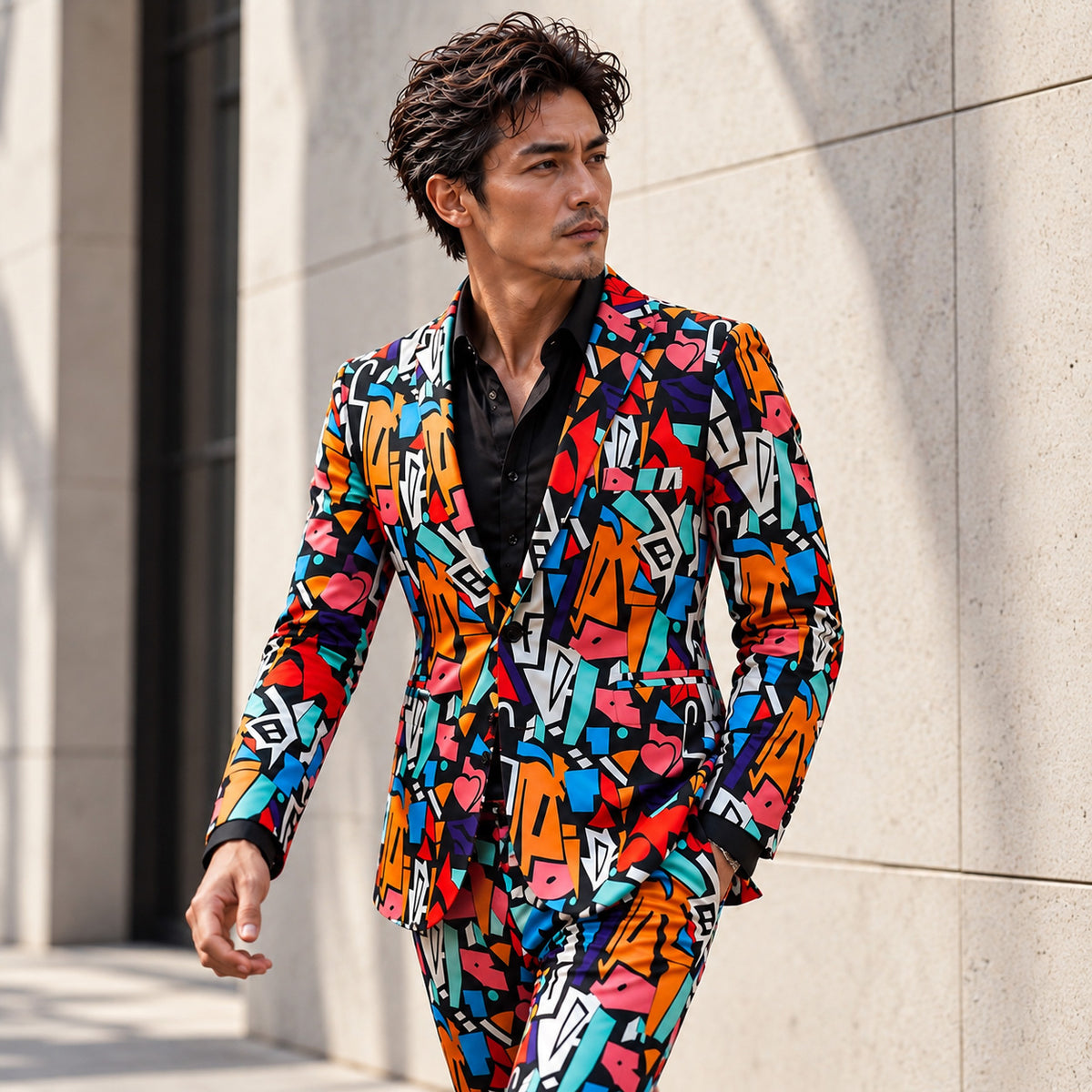Man wearing a colourful abstract graffiti print suit jacket with black dress shirt