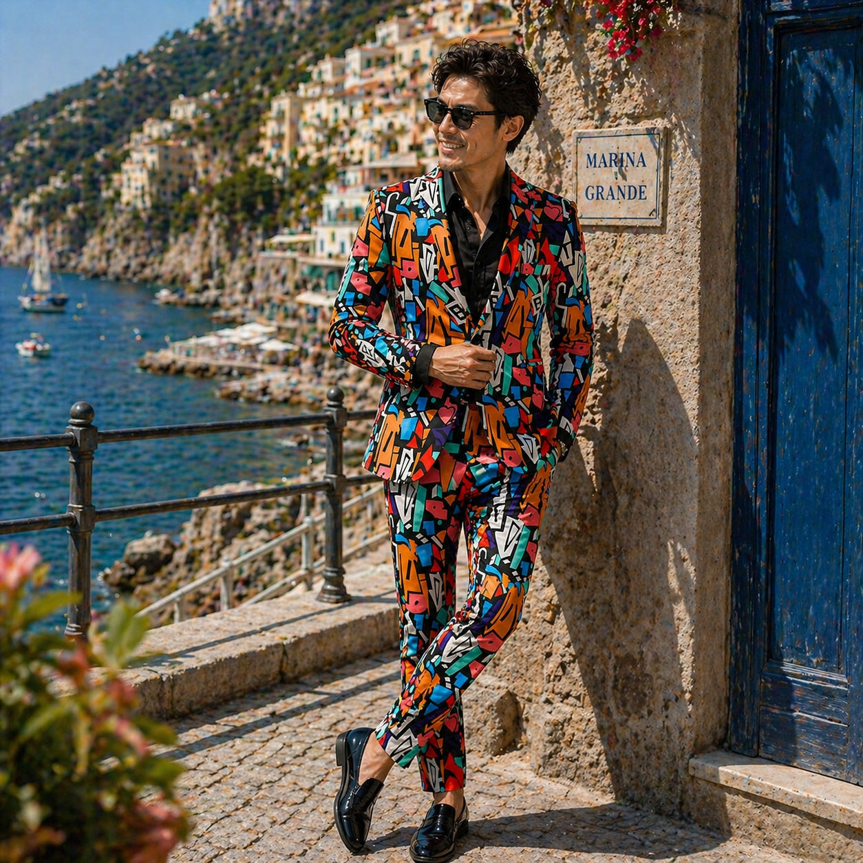 Full body shot of a man wearing a vibrant artistic patterned suit at a Mediterranean seaside resort.