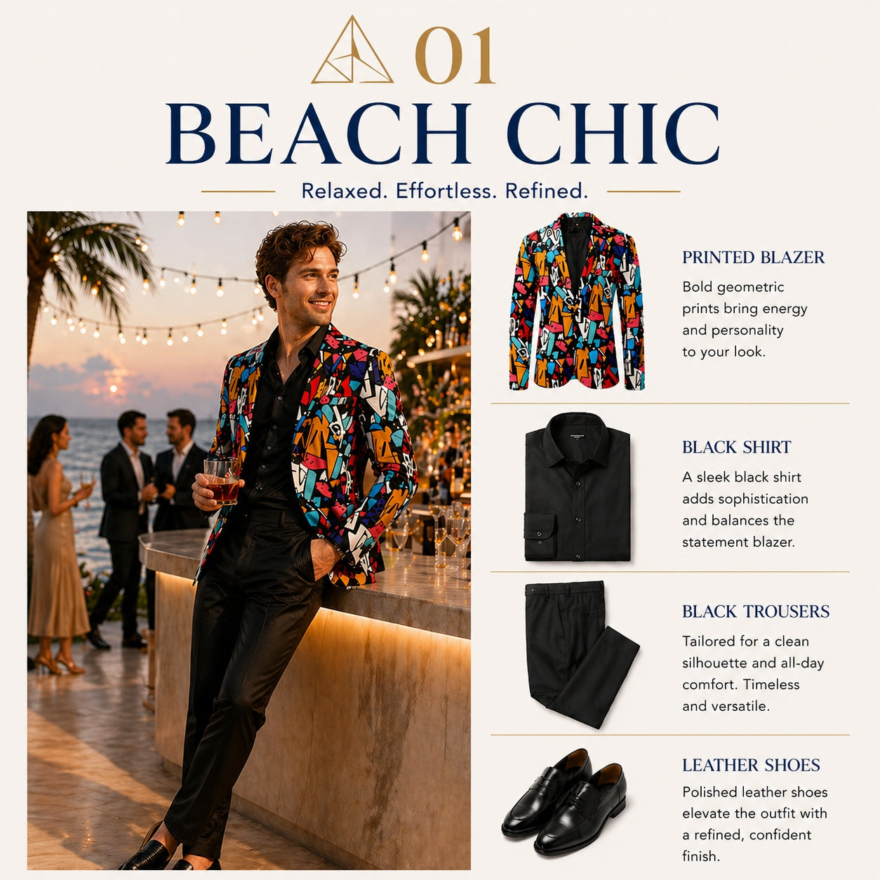 Style guide for Wisholic graffiti print blazer with black shirt and trousers for a beach chic look.