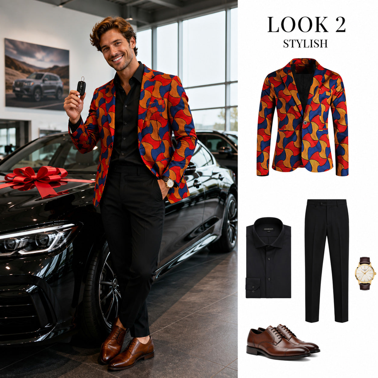 Style guide for Look 2 showing how to pair an African print blazer jacket with black dress pants, a black shirt, and brown leather shoes.