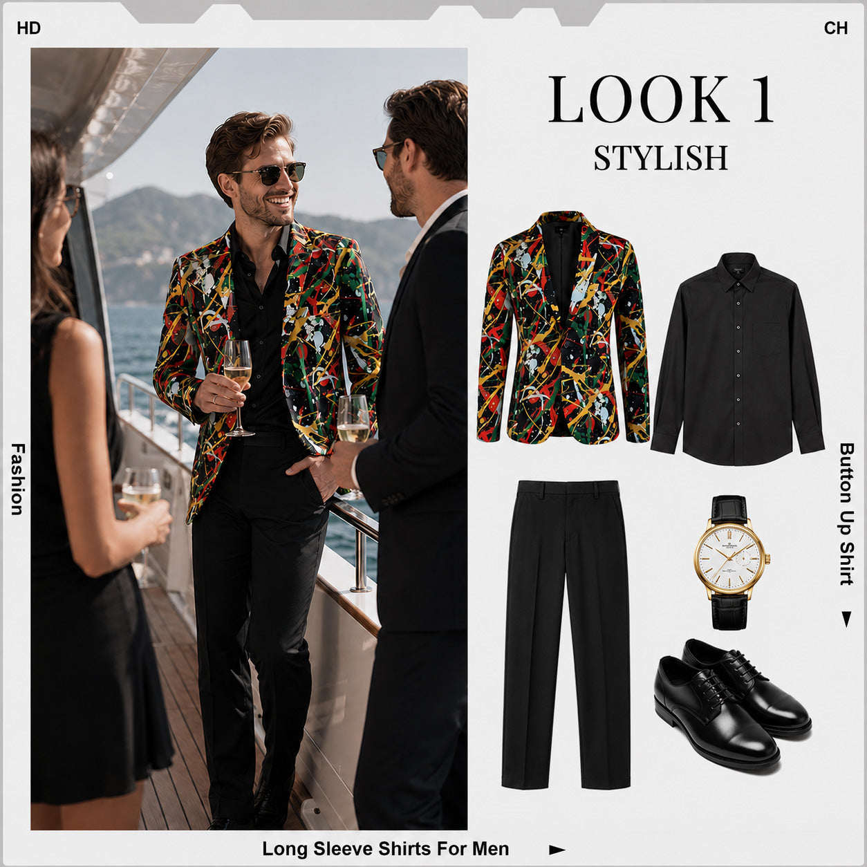 Perfect for yacht parties and evening events.
Style our statement abstract paint blazer with sleek black dress pants for a sophisticated yet artistic look.
