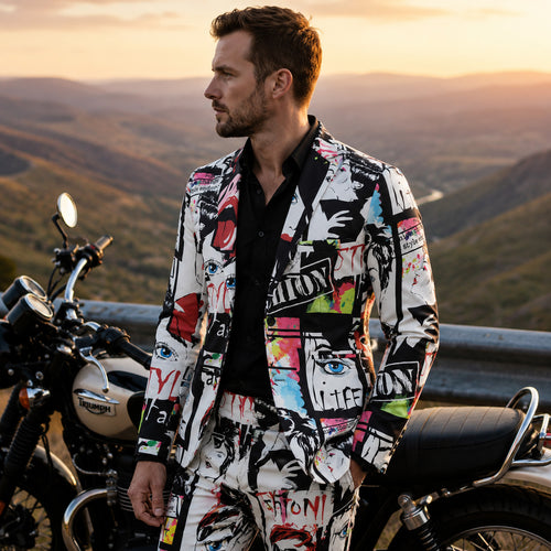 Man wearing a white artistic graffiti printed suit standing next to a vintage motorcycle at sunset, side view profile.