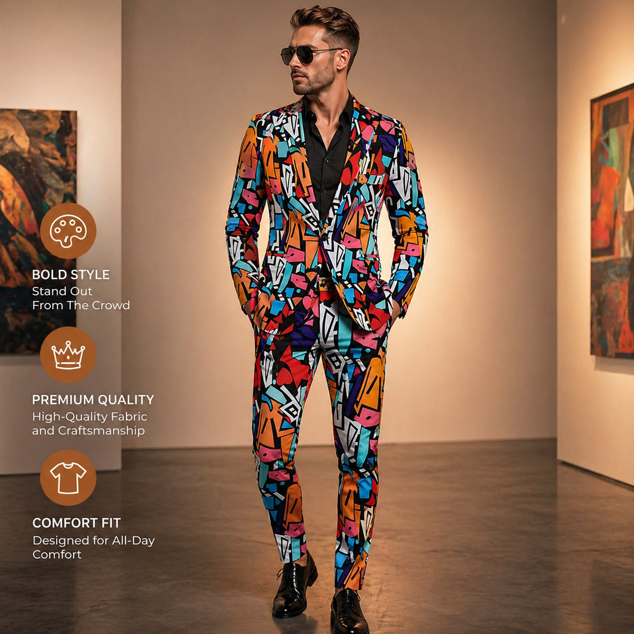 Key features of Wisholic artistic print suit including premium quality fabric and comfort fit.