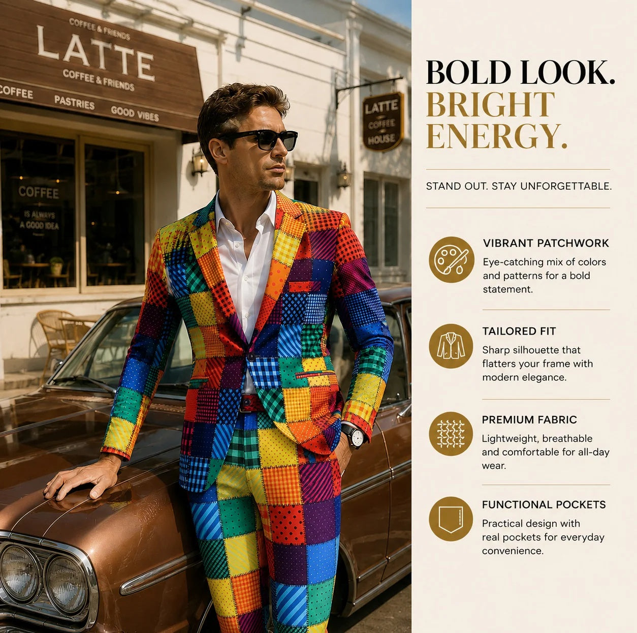High-end brand poster featuring a model in a vibrant rainbow patchwork suit leaning on a vintage car, highlighting product features like tailored fit, premium breathable fabric, and functional pockets.