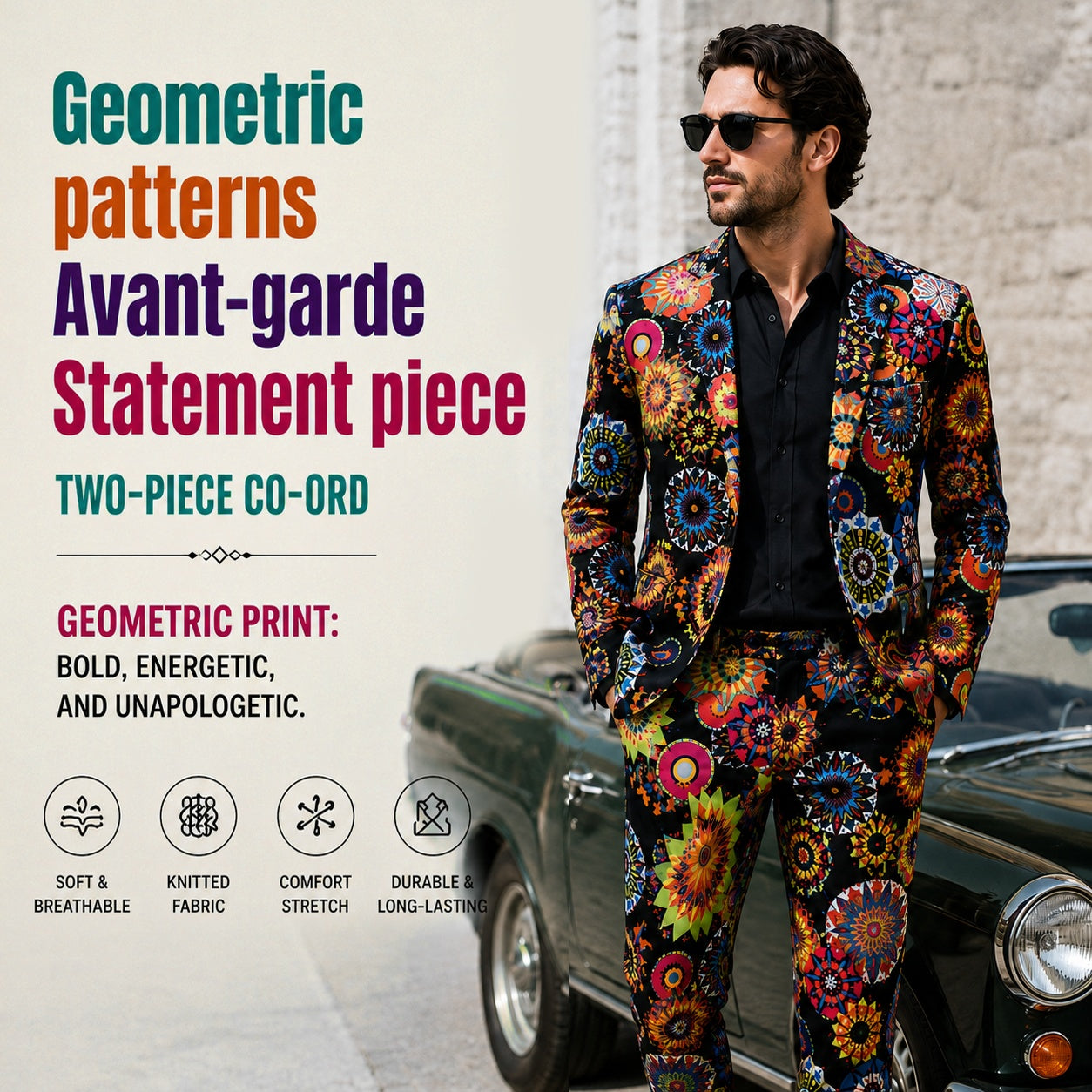 Product infographic for an avant-garde mens two-piece co-ord suit featuring bold geometric prints, high-end tailoring, and breathable stretch fabric.