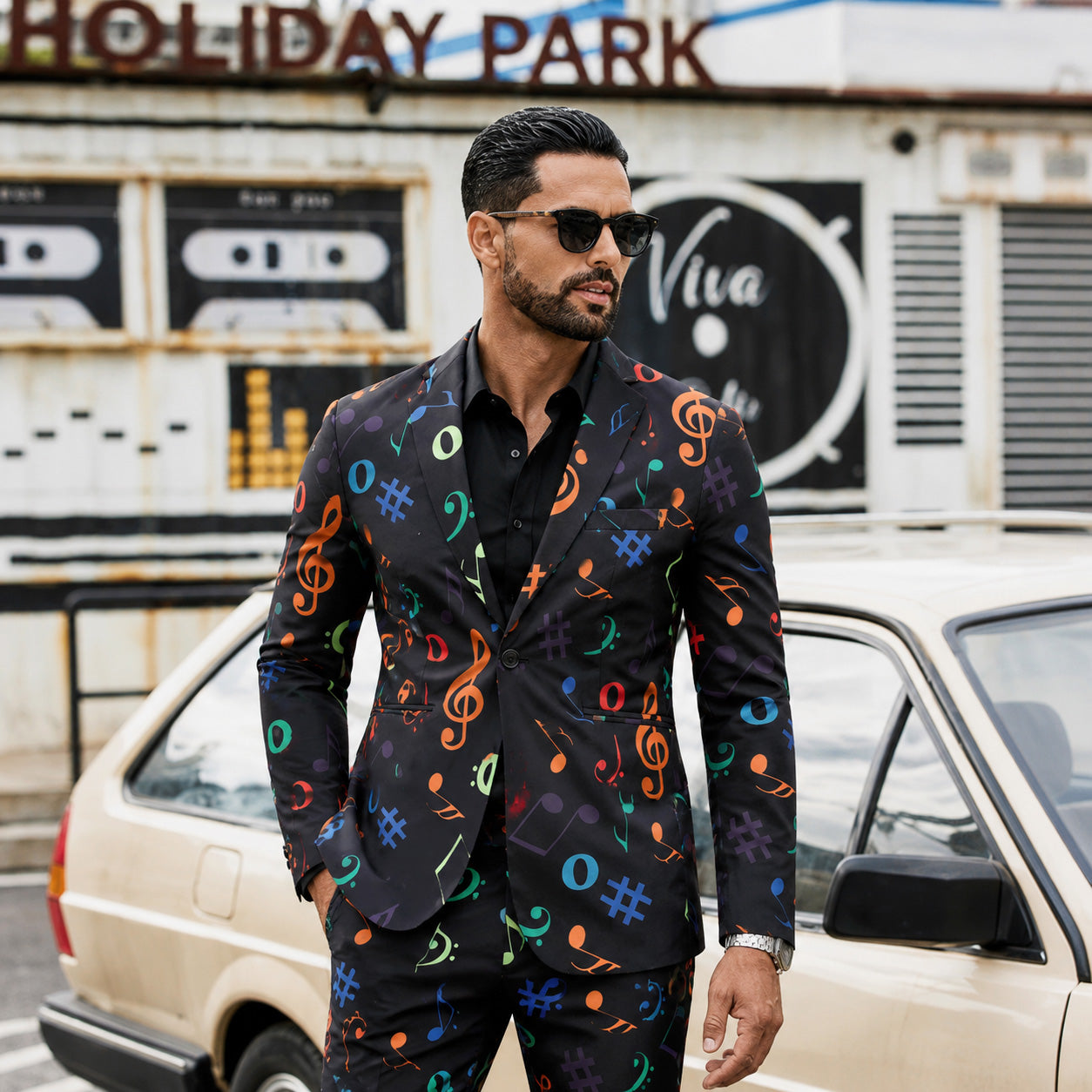 A handsome man with sunglasses wearing a Wisholic black men's printed suit with colorful musical notes, leaning against a classic vintage cream car.