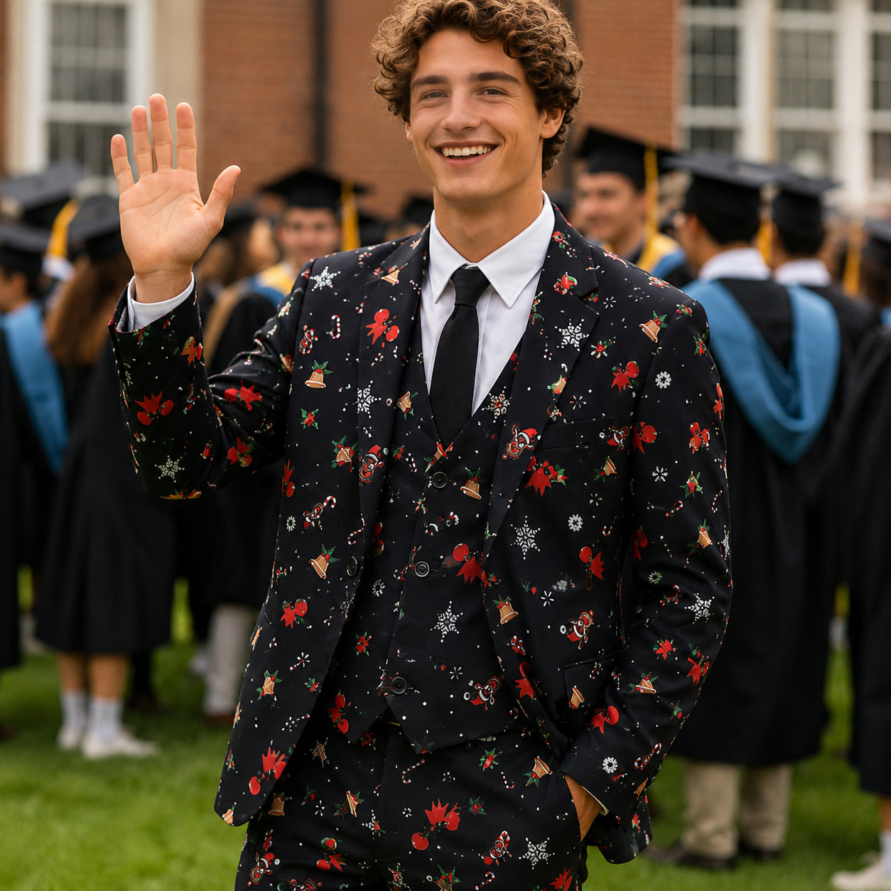 Young man wearing a black Christmas pattern 3-piece suit waving hands at a graduation ceremony.