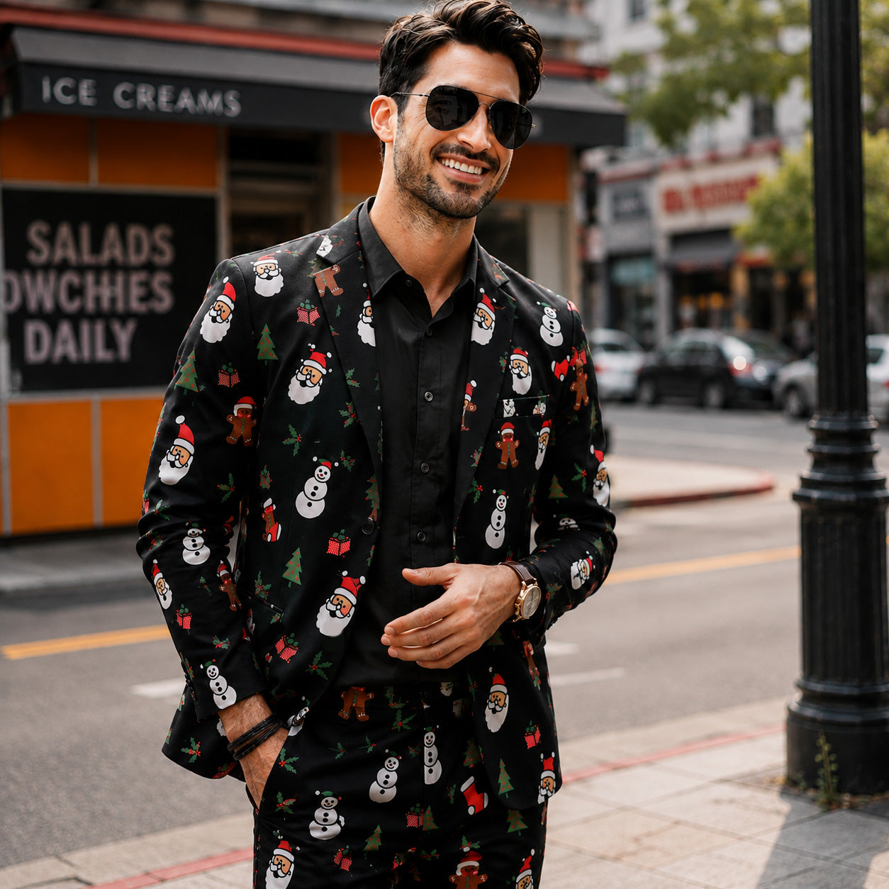 Handsome man wearing a black Christmas patterned suit set with Santa and snowman prints outdoors.