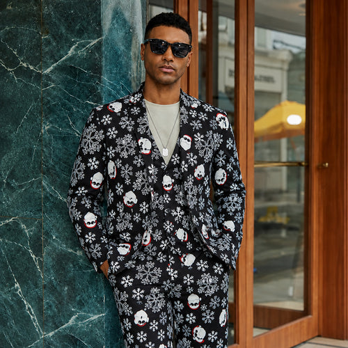Men's black Christmas suit jacket and pants printed with snowflakes and cool Santa pattern | WISHOLIC