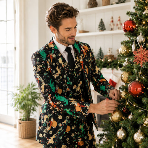 Man wearing black pattern 3-piece Christmas suit decorating Christmas tree