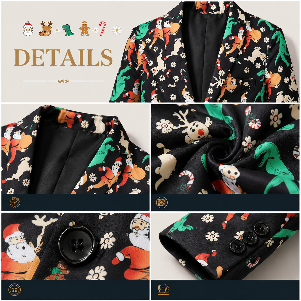 Detailed view of black Christmas suit lapel, buttons, cuff, and printed fabric pattern