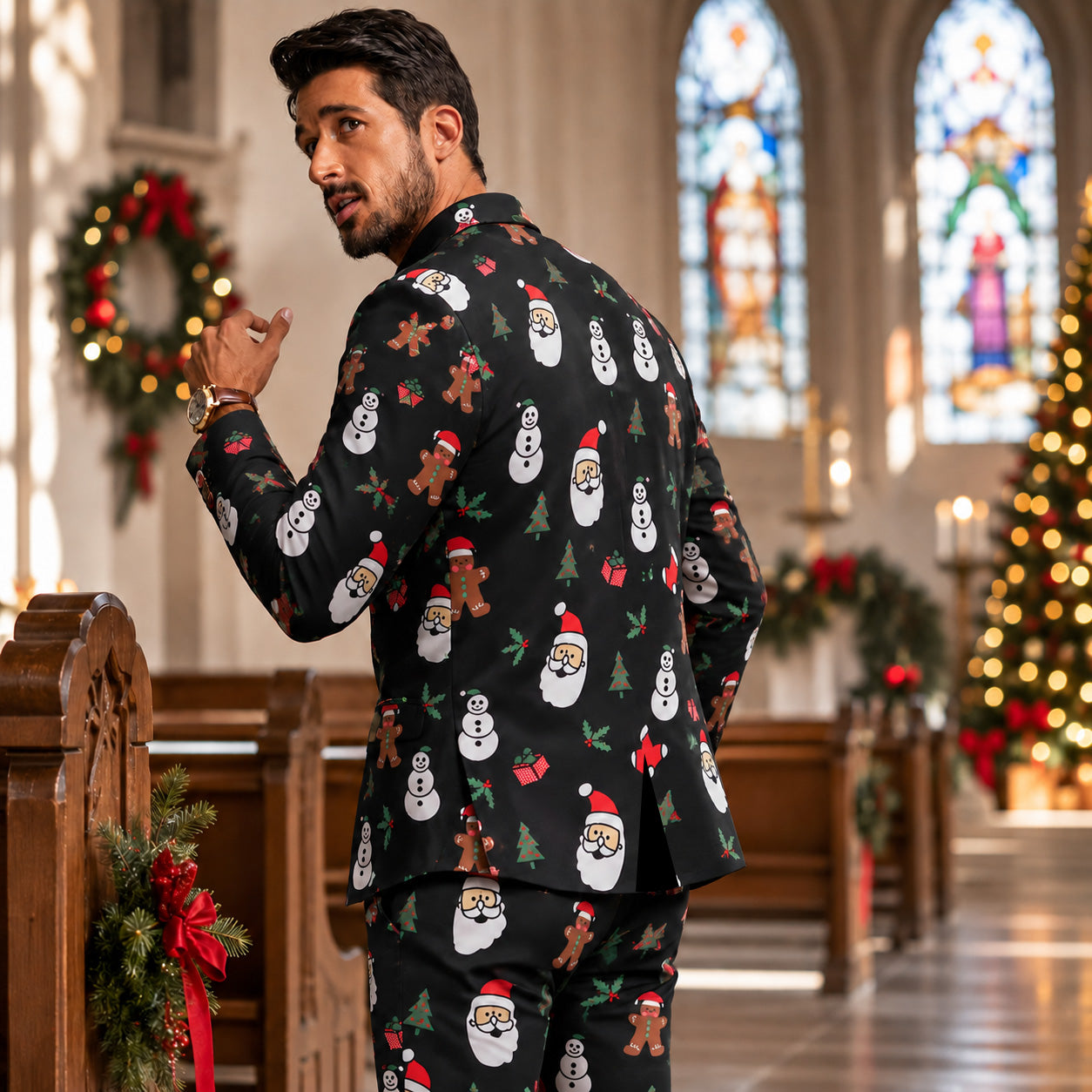 Back view of a man wearing a black printed Christmas suit jacket inside a festive decorated venue.