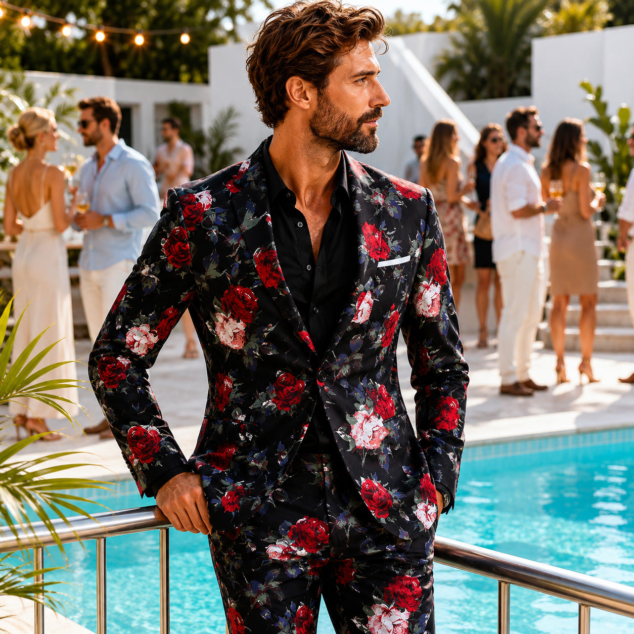 A man standing poolside at a summer party wearing a luxury black slim fit suit with a vibrant red and pink rose floral print, paired with an unbuttoned black dress shirt.