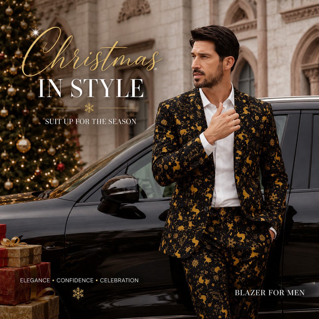 Christmas in Style featuring men's gold reindeer black blazer and suit, by WISHOLIC.
