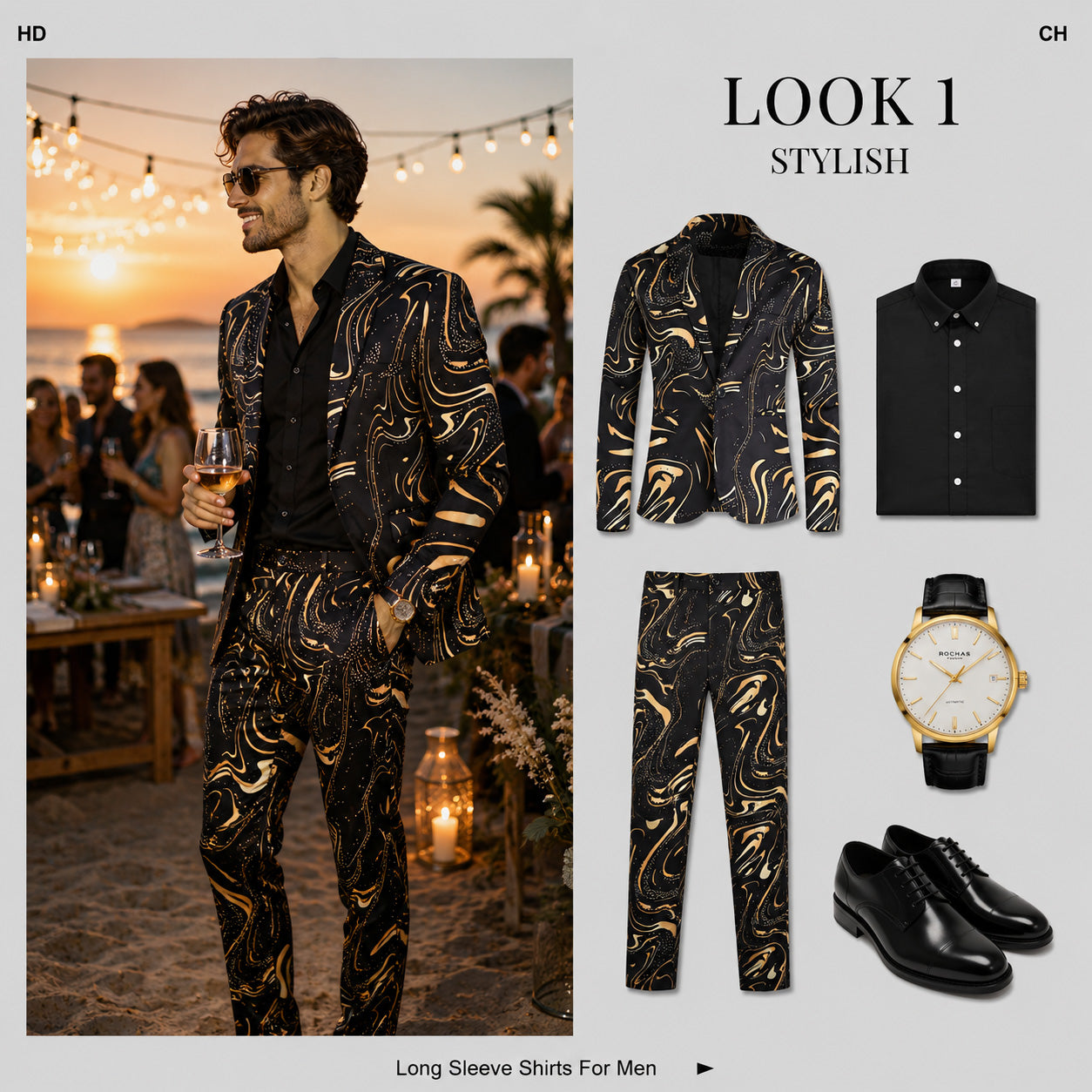 Shopify outfit guide Look 1 featuring a full black and gold marble suit with a black shirt, gold watch, and oxford shoes