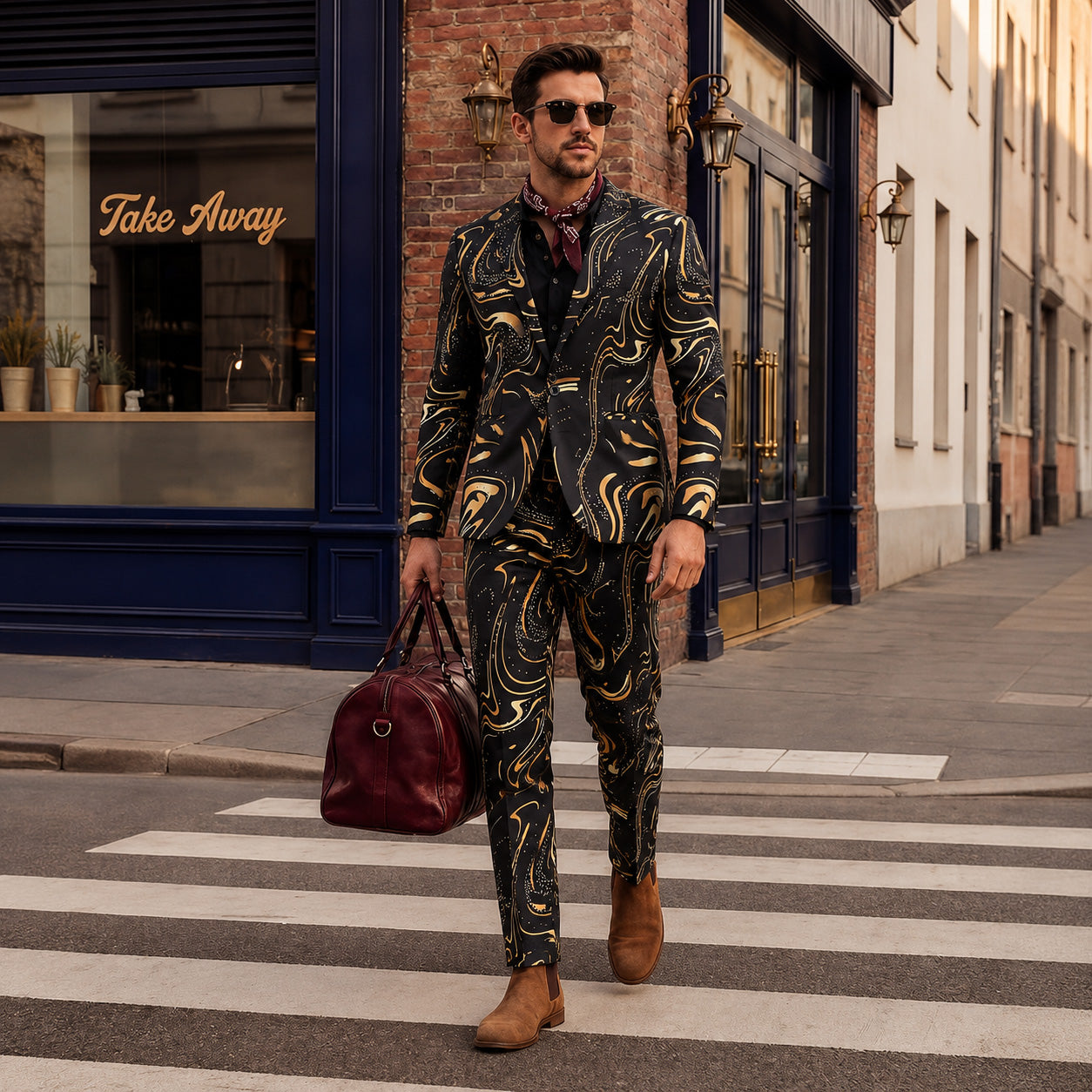 Fashionable man wearing a black and gold marble pattern suit with a burgundy duffel bag crossing the street