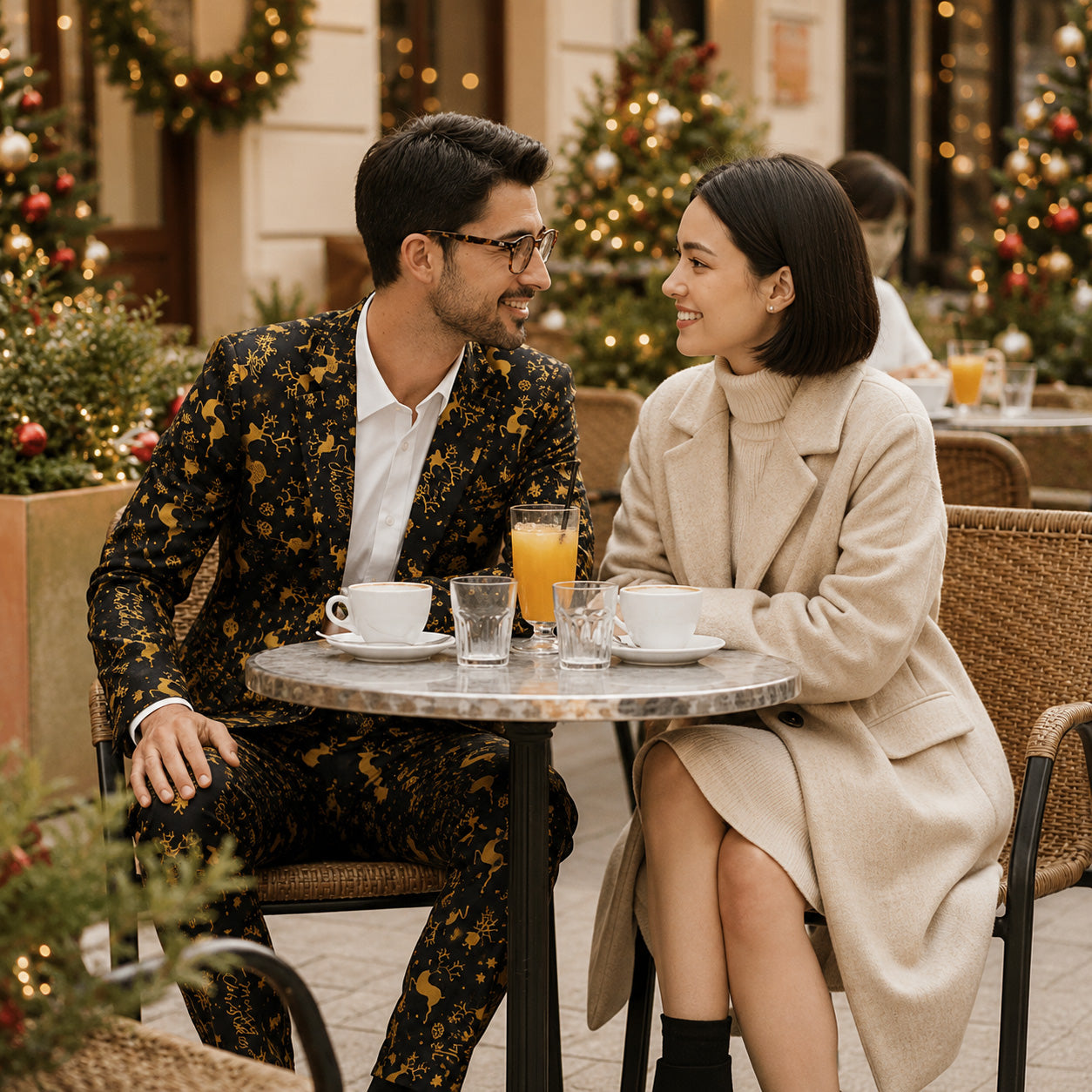 Stylish man wearing a gold reindeer pattern black suit at a cafe, by WISHOLIC.