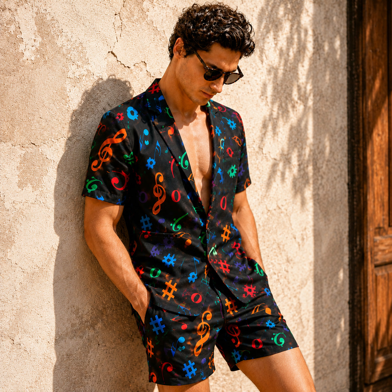 Model leaning against a wall wearing a men's black short-sleeve blazer and matching shorts set with vibrant colorful music note print.