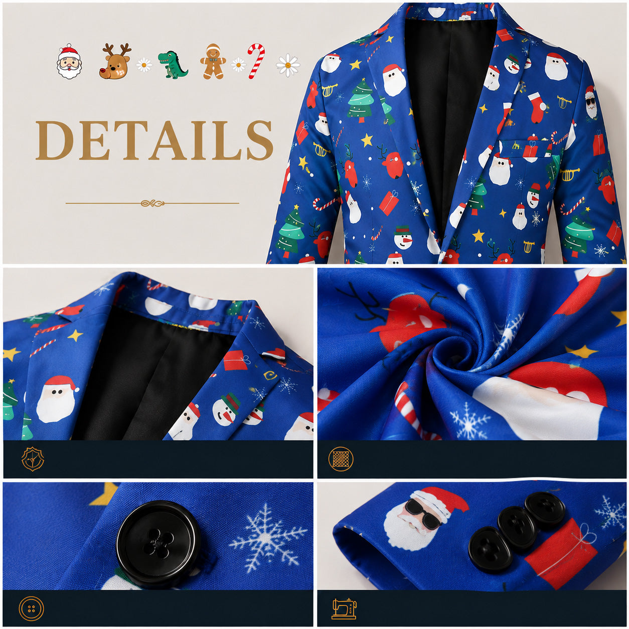 Detailed shots of lapel fabric and sleeve buttons on men's blue Christmas printed suit jacket - WISHOLIC