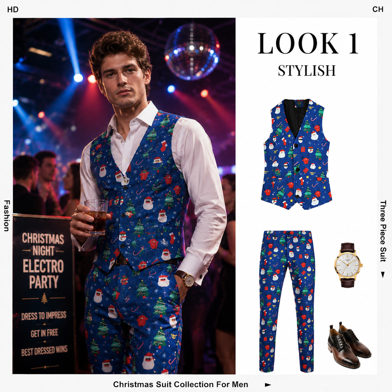 Men's blue Christmas pattern vest and matching suit pants for night party - WISHOLIC