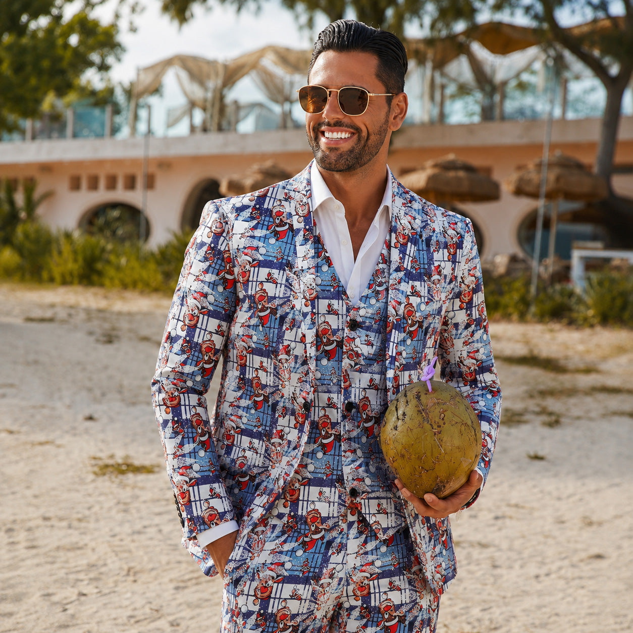 Men's blue Christmas reindeer printed 3-piece suit with blazer, vest, and trousers worn on a beach, styled for holiday parties | WISHOLIC