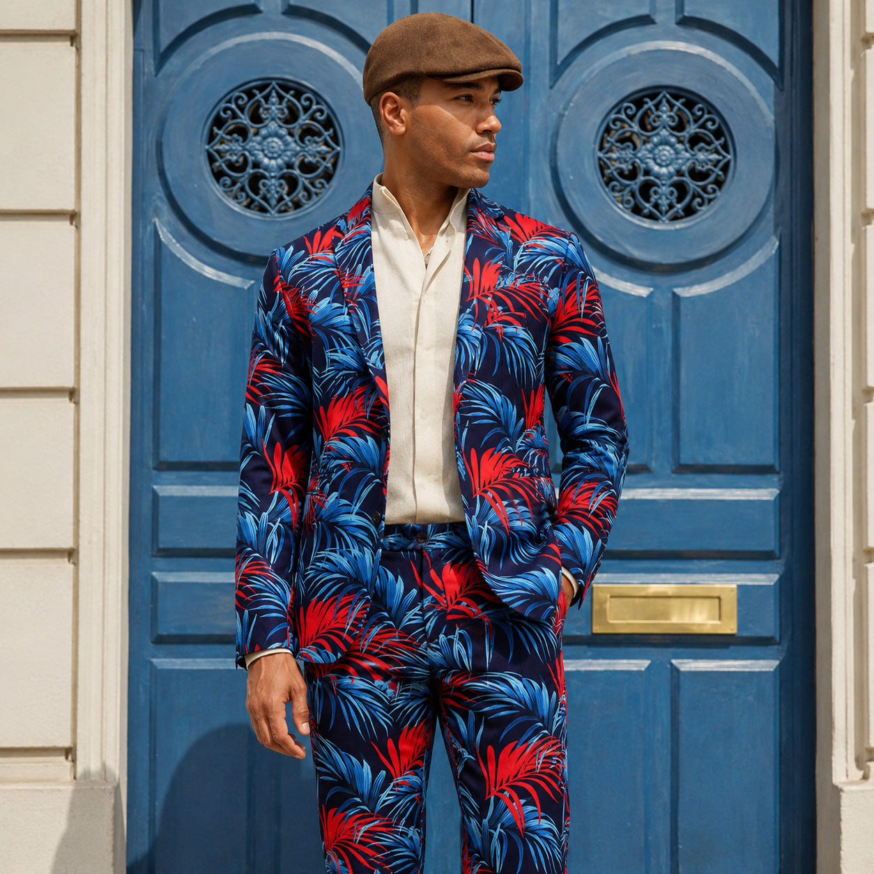 Man wearing a vibrant blue and red tropical palm print suit with a cream linen shirt and brown flat cap, standing in front of a classic blue wooden door.