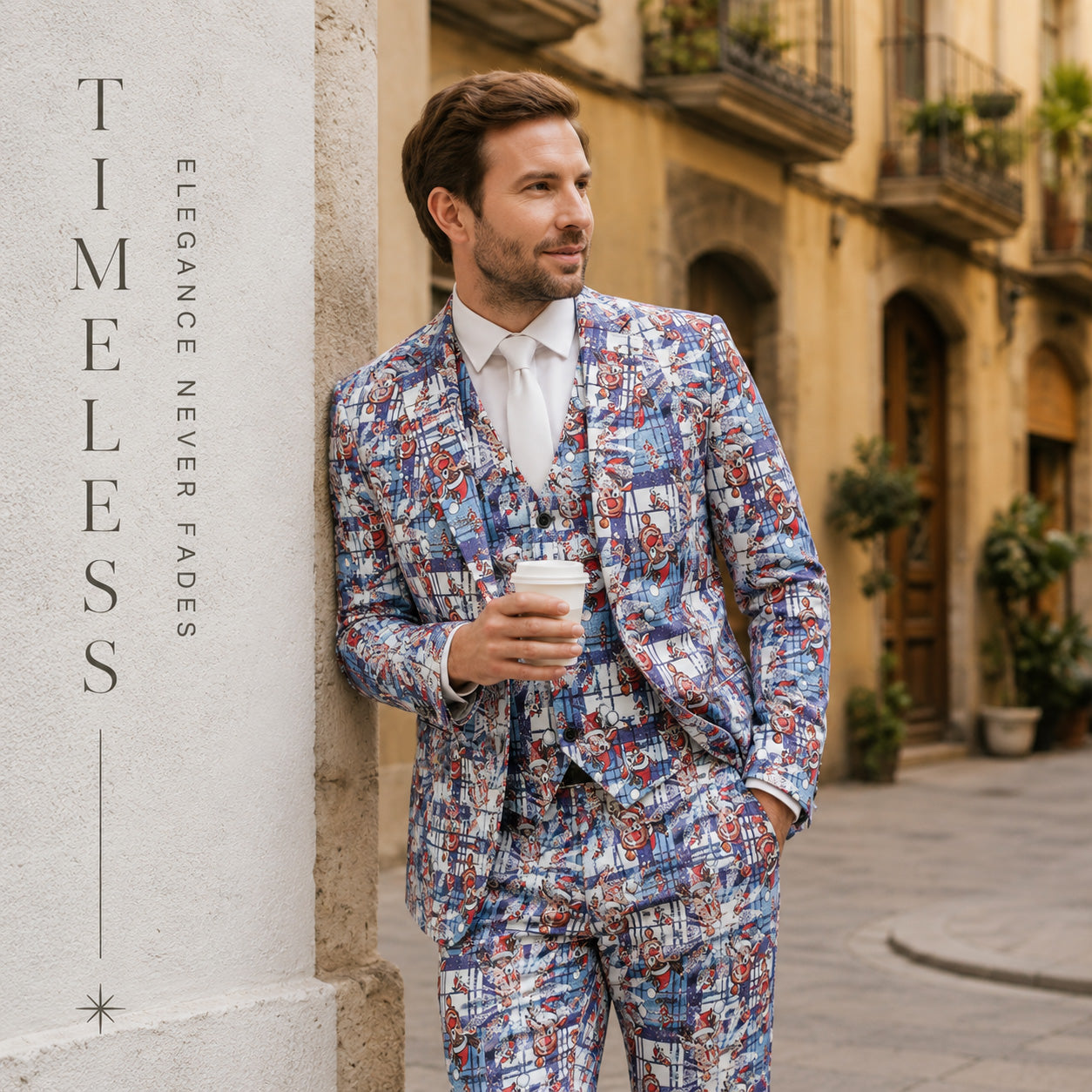 Elegant men's blue reindeer print Christmas suit paired with white dress shirt and tie in an urban street setting | WISHOLIC