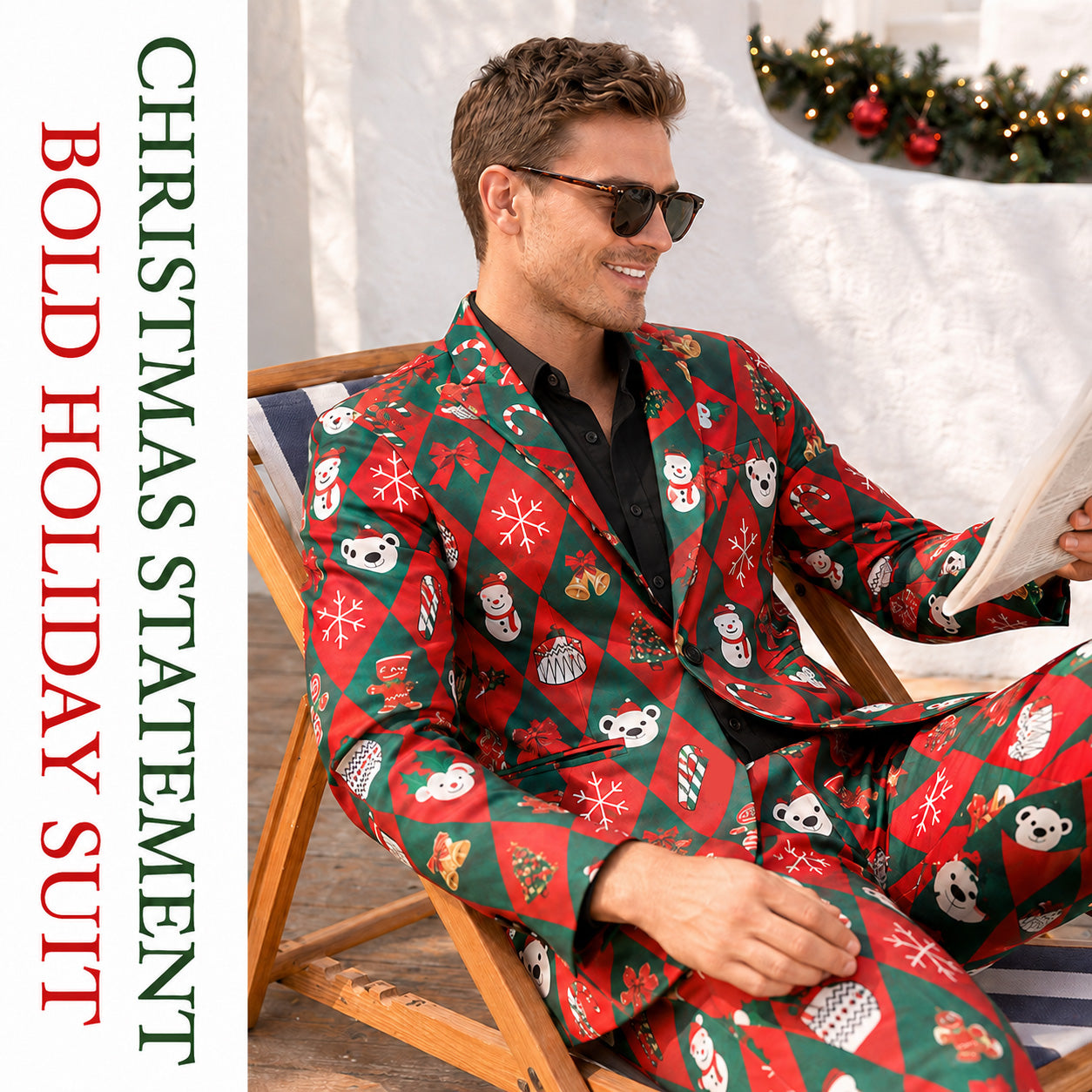 Christmas Statement bold holiday suit for men featuring red and green argyle pattern with festive icons.