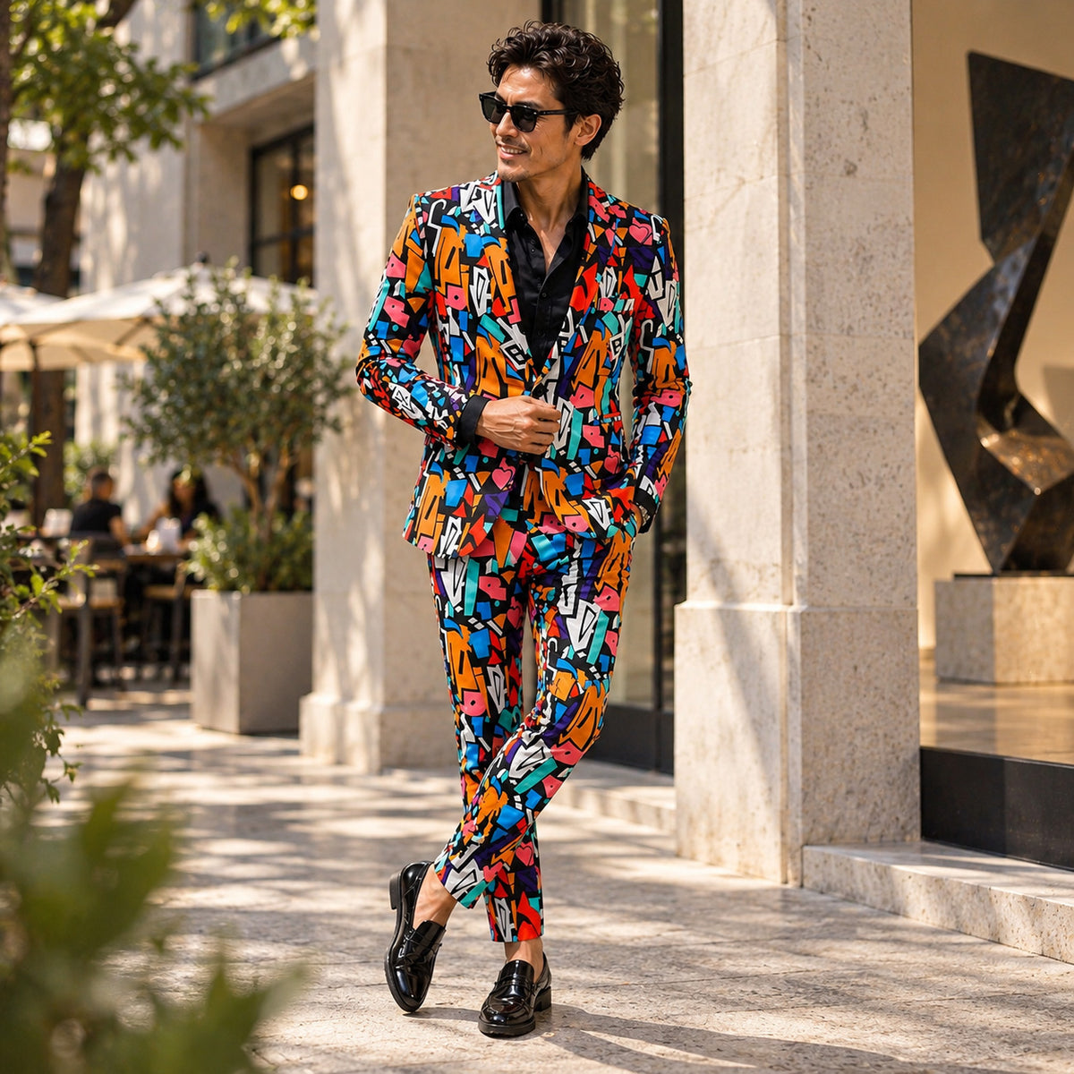 Full length shot of a man in a bold multi-color graffiti printed suit and black loafers