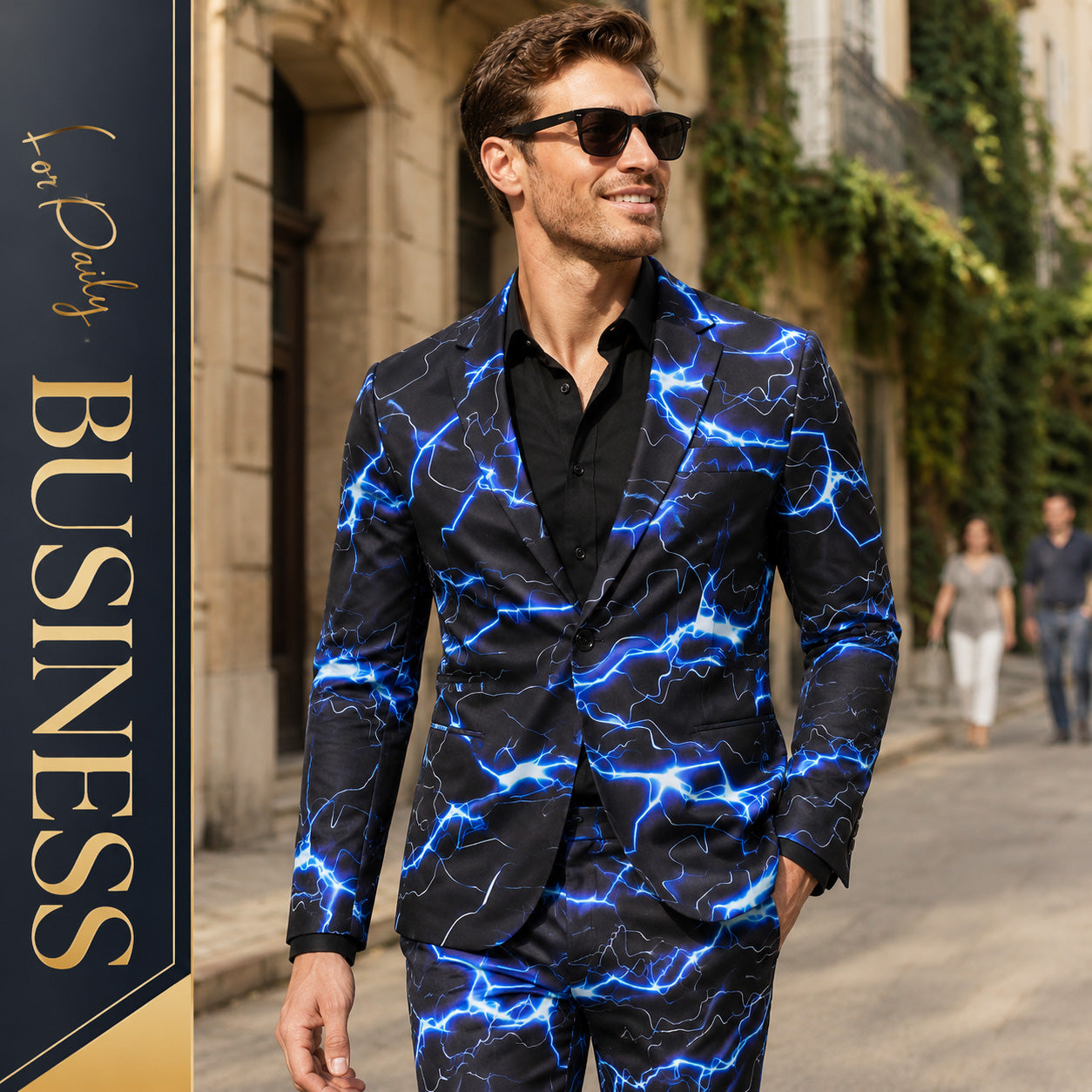 Smiling man wearing sunglasses and a casual business style blue lightning pattern suit walking on a sunny European street.